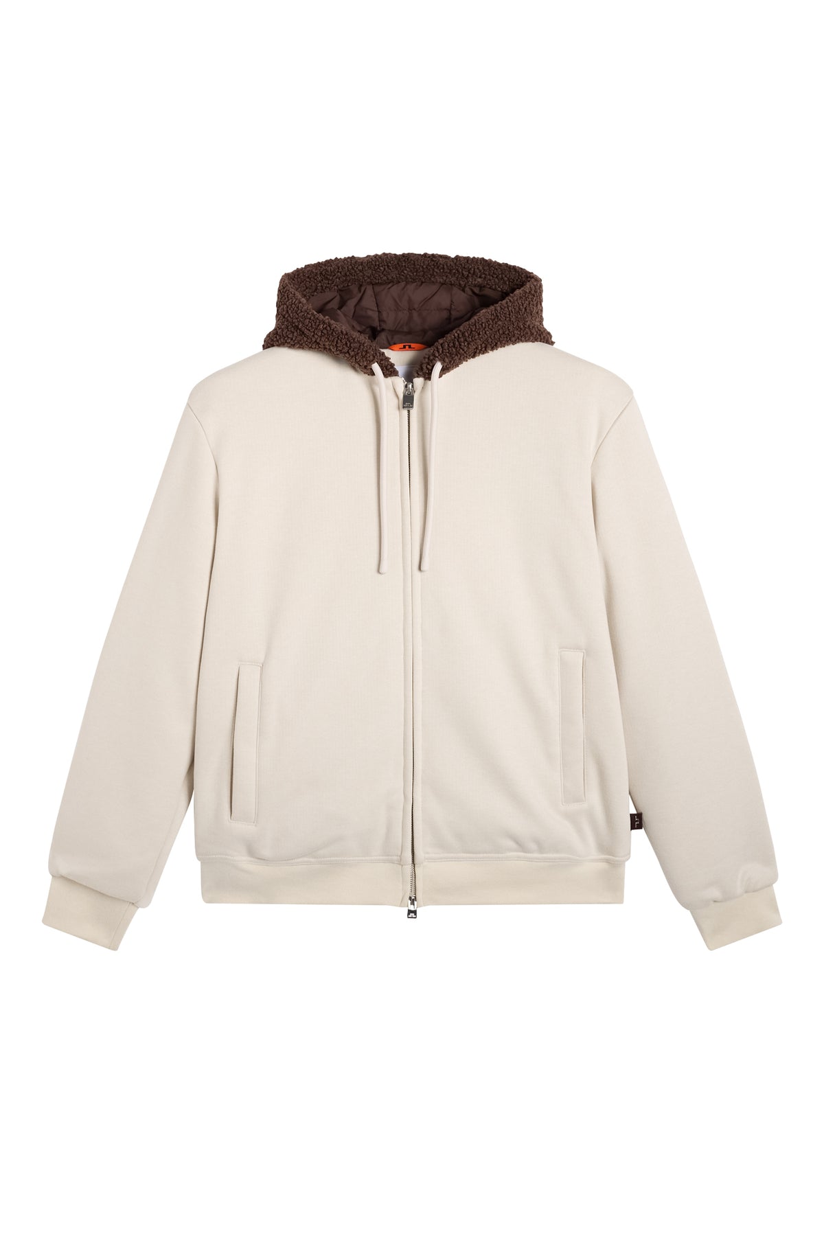 Henry Bonded Hoodie in Moonbeam, front view with full-zip closure, side pockets, and fleece-lined hood.