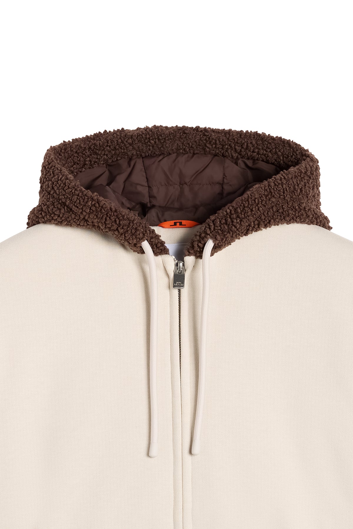Close-up of the Henry Bonded Hoodie in Moonbeam, showing the contrast fleece hood and front zipper.