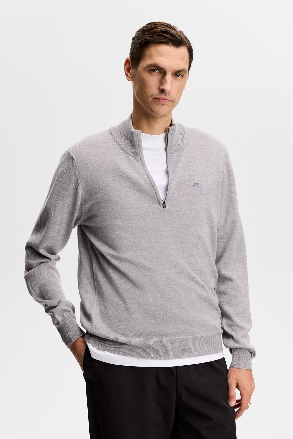 Kiyan Quarter Zip Sweater in Light Grey Melange by J.Lindeberg