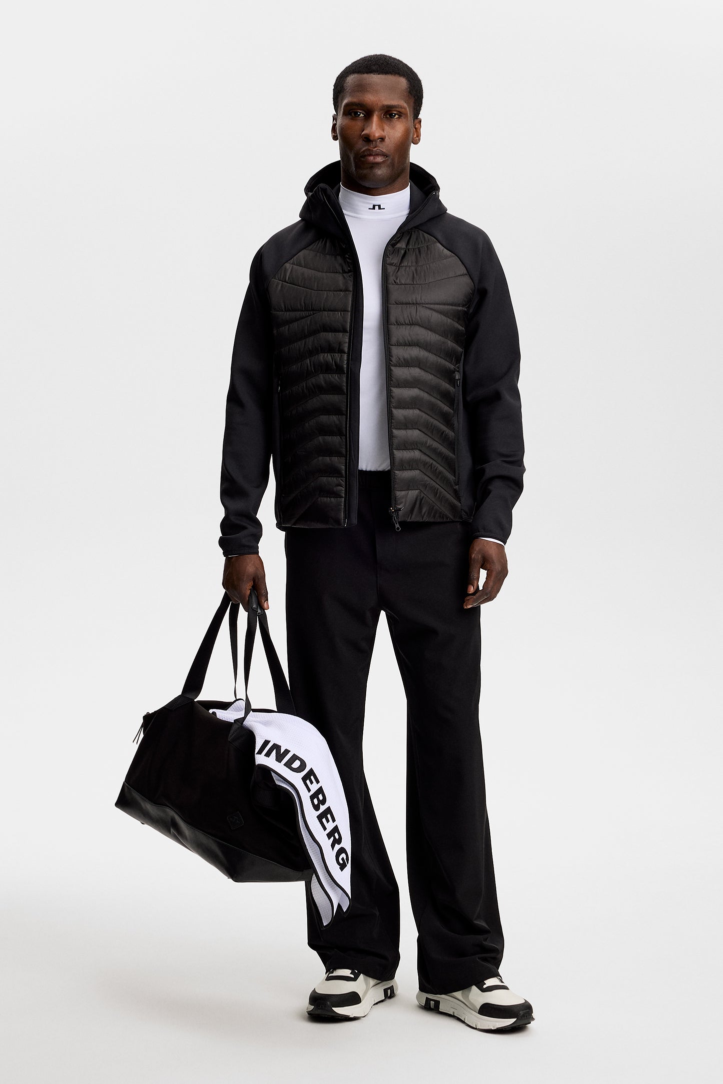 Heyden Quilt Hybrid Hood in Black by J.Lindeberg