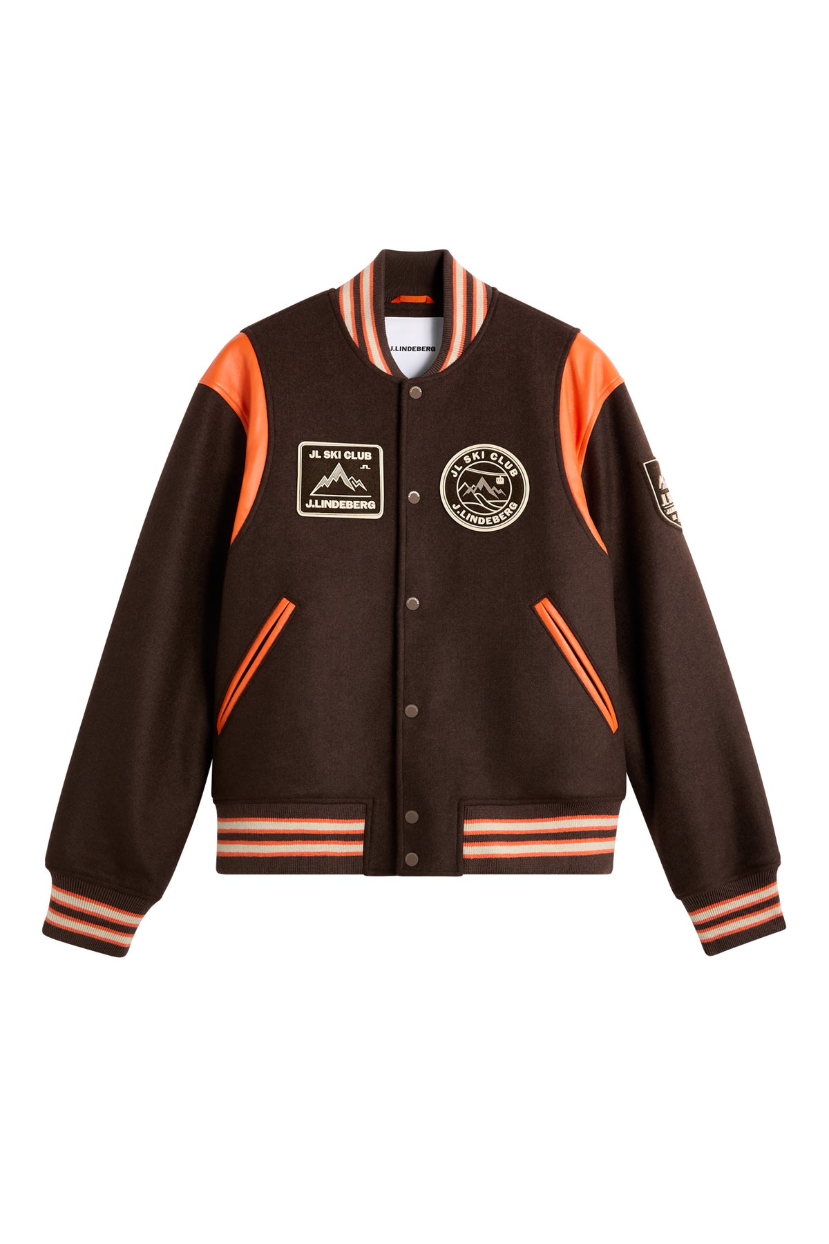 Bobby Bomber Jacket in Seal Brown, front view with snap button closure, striped ribbed trims, and chest patches.