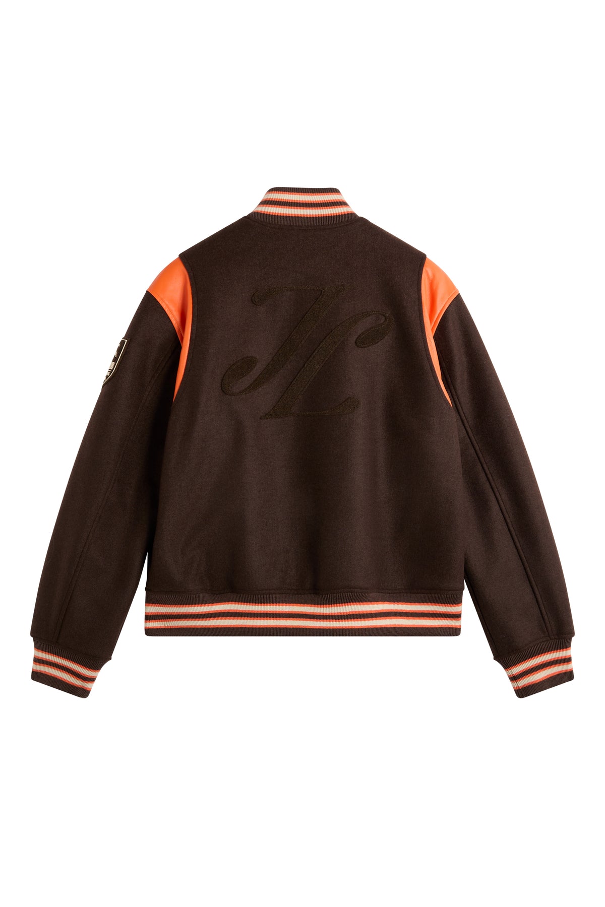 Bobby Bomber Jacket in Seal Brown, back view with embroidered back logo and striped ribbed trims.