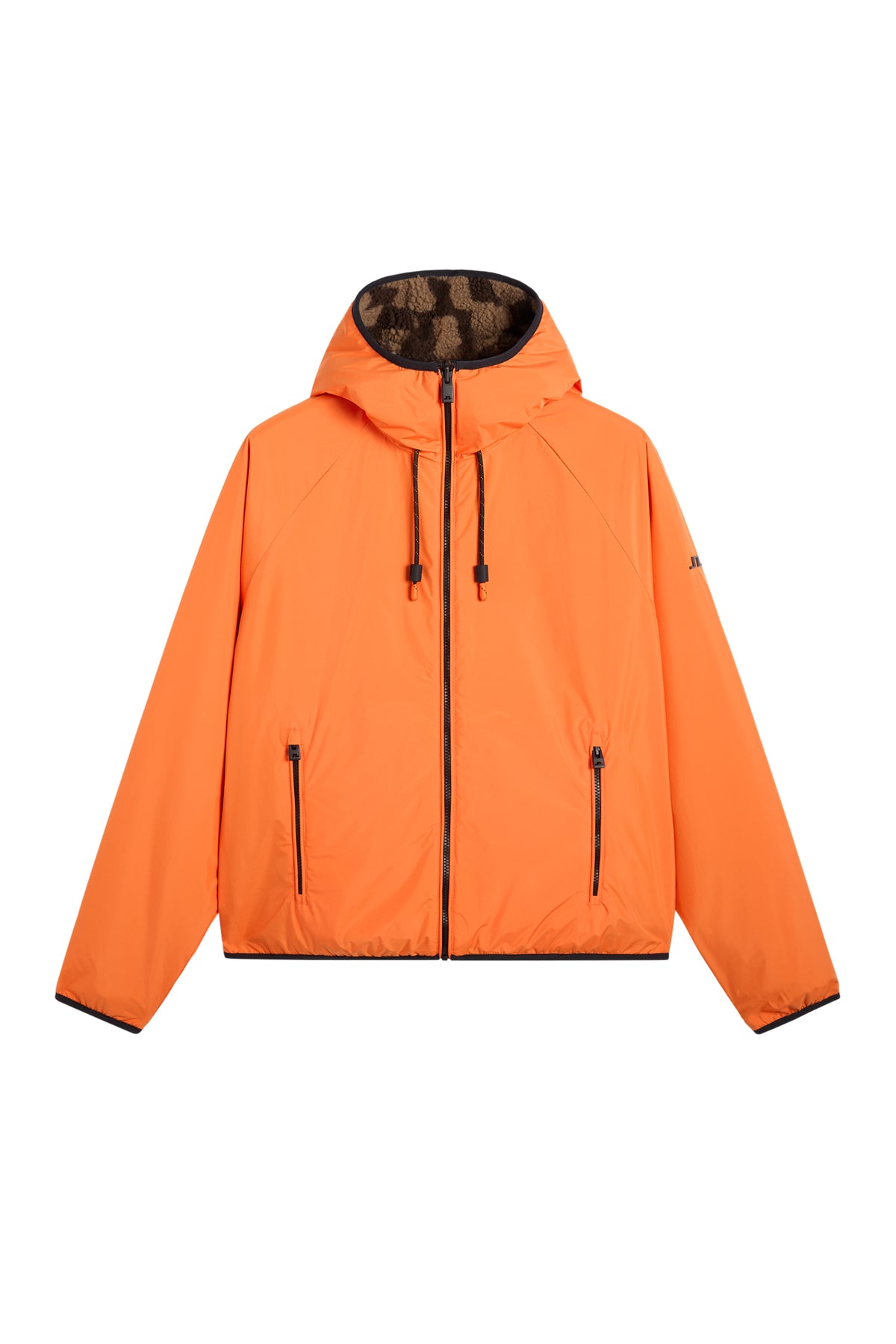 Rory Reversible Teddy Jacket in orange, front view with hood, front zipper, and zip pockets.