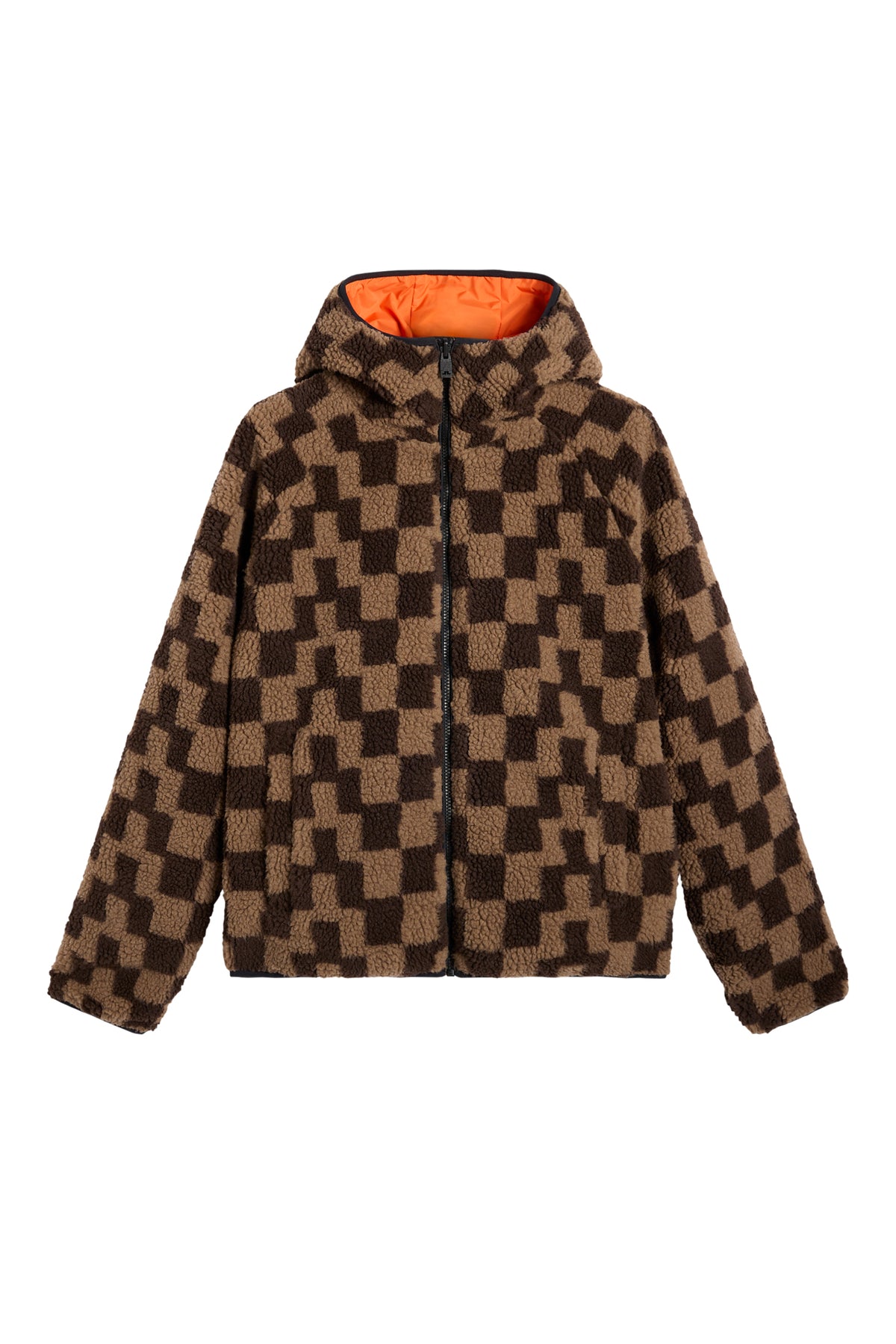 Rory Reversible Teddy Jacket in Golden Poppy, front view with checkered fleece, hood, and full zipper.
