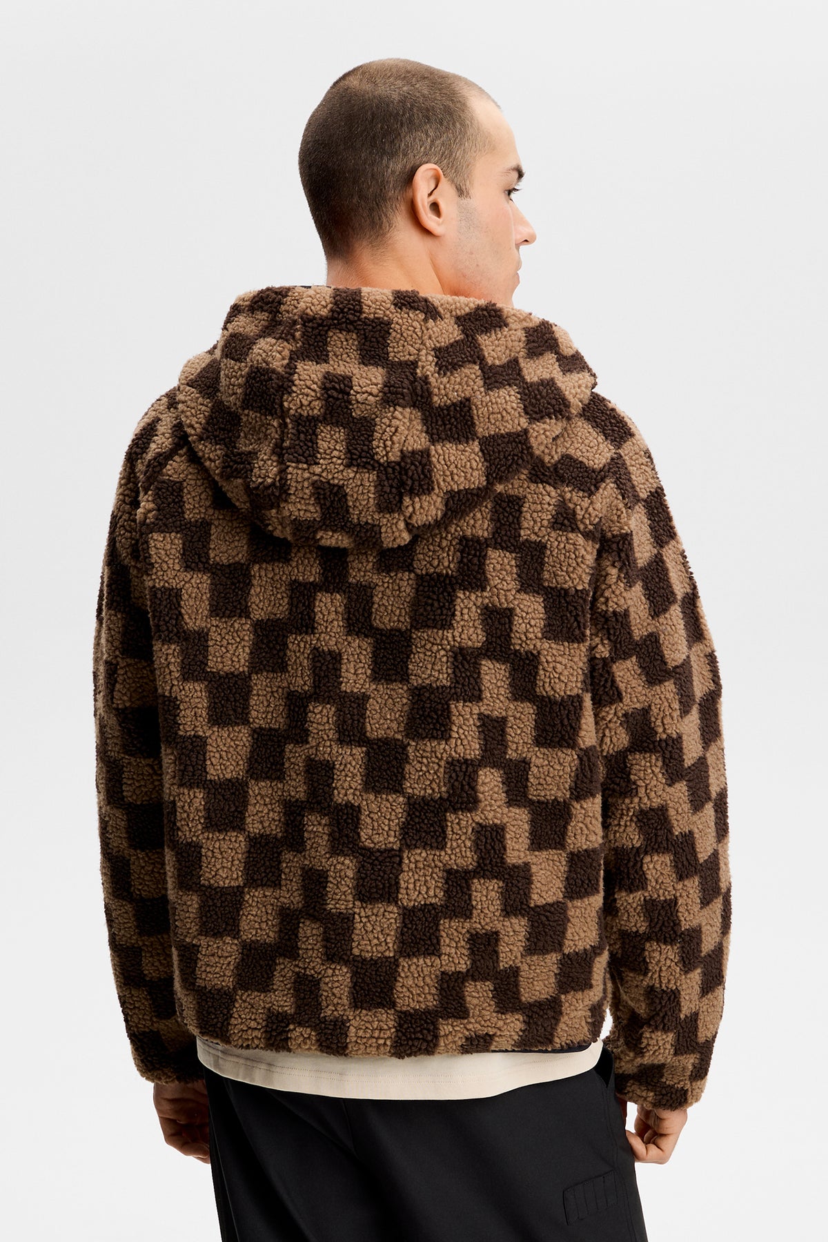 Rory Reversible Teddy Jacket in brown check, back view showing the plush fleece texture and hood.