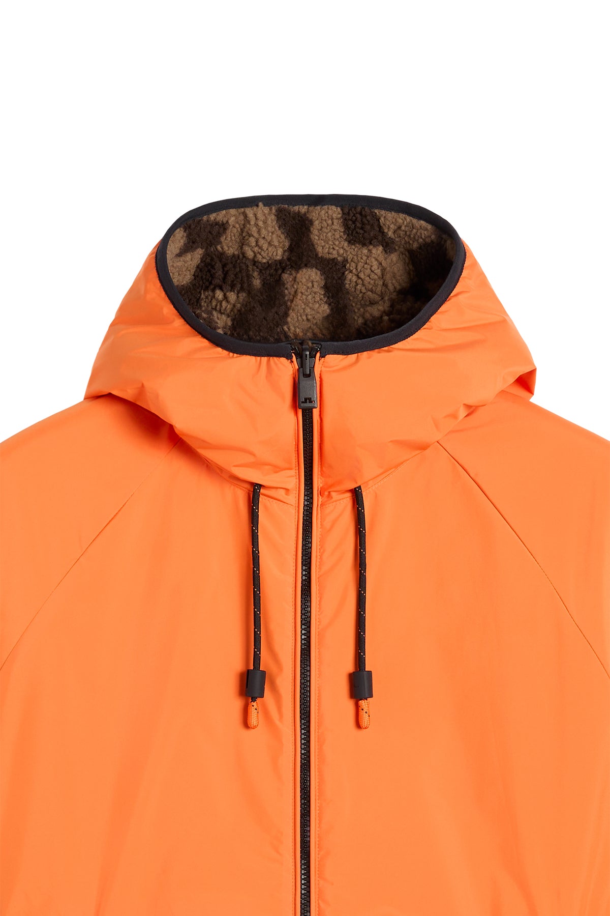 Close-up of the Rory Reversible Teddy Jacket in Golden Poppy, showing the hood, zipper, and teddy fleece lining.