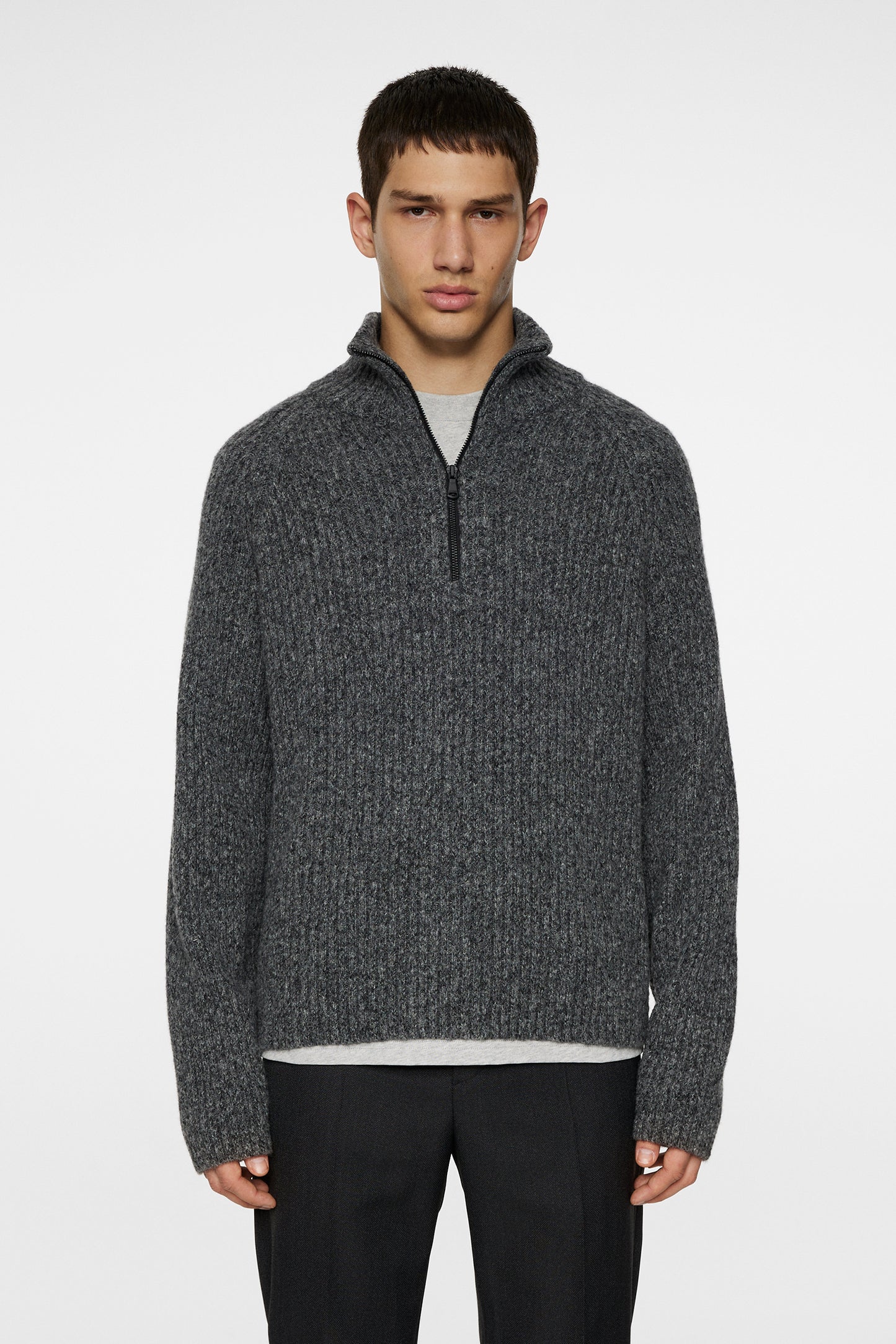 Victor Zip Wool Sweater in Dark Grey Melange by J.Lindeberg