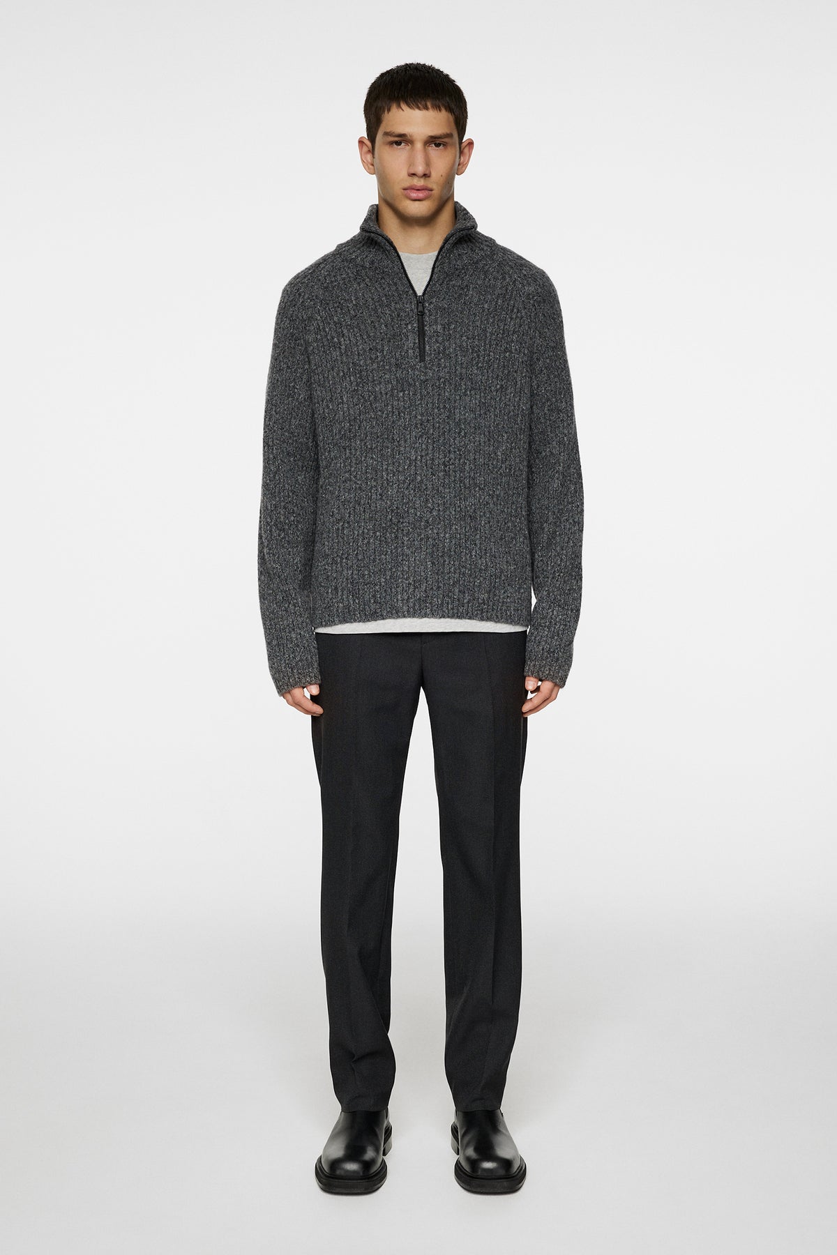 Victor Zip Wool Sweater in Dark Grey Melange by J.Lindeberg