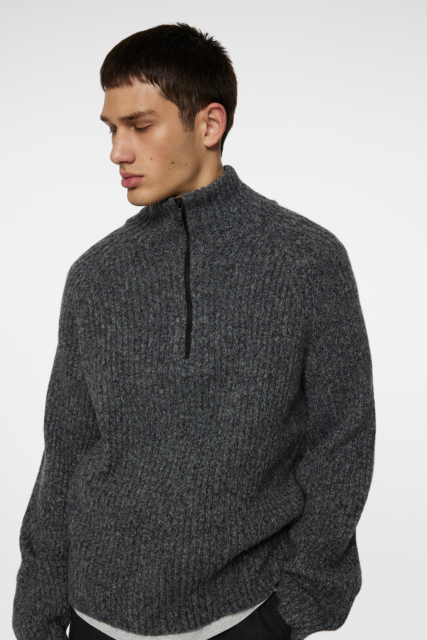 Victor Zip Wool Sweater in Dark Grey Melange by J.Lindeberg