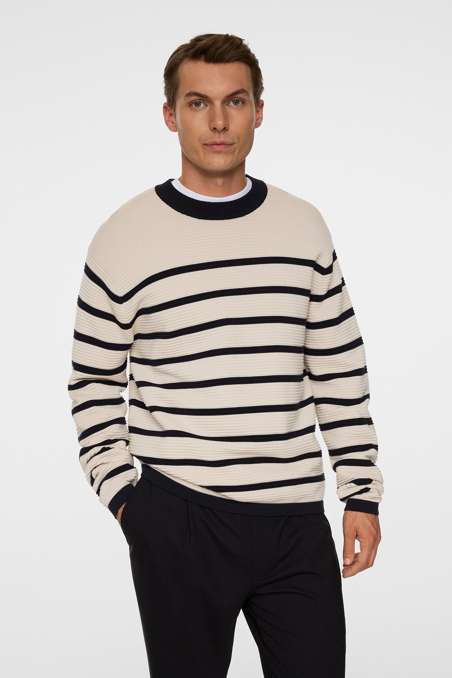 Sawyer Stripe Crew Neck in Moonbeam by J.Lindeberg