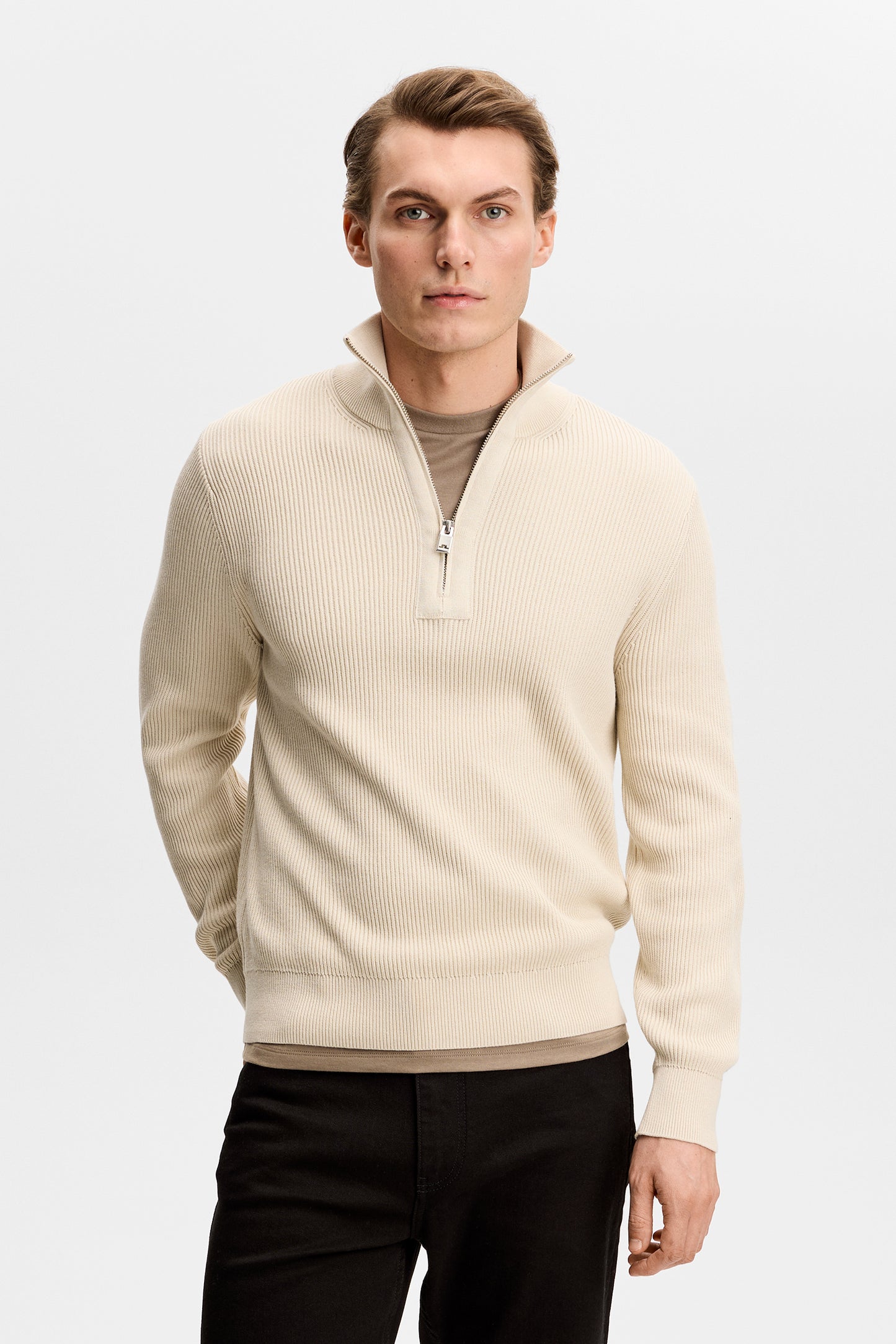 Alex Half Zip Knitted Sweater in Moonbeam by J.Lindeberg