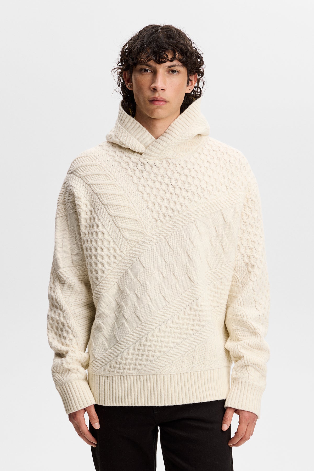 Savio Cable Knit Hoodie in Tofu by J.Lindeberg
