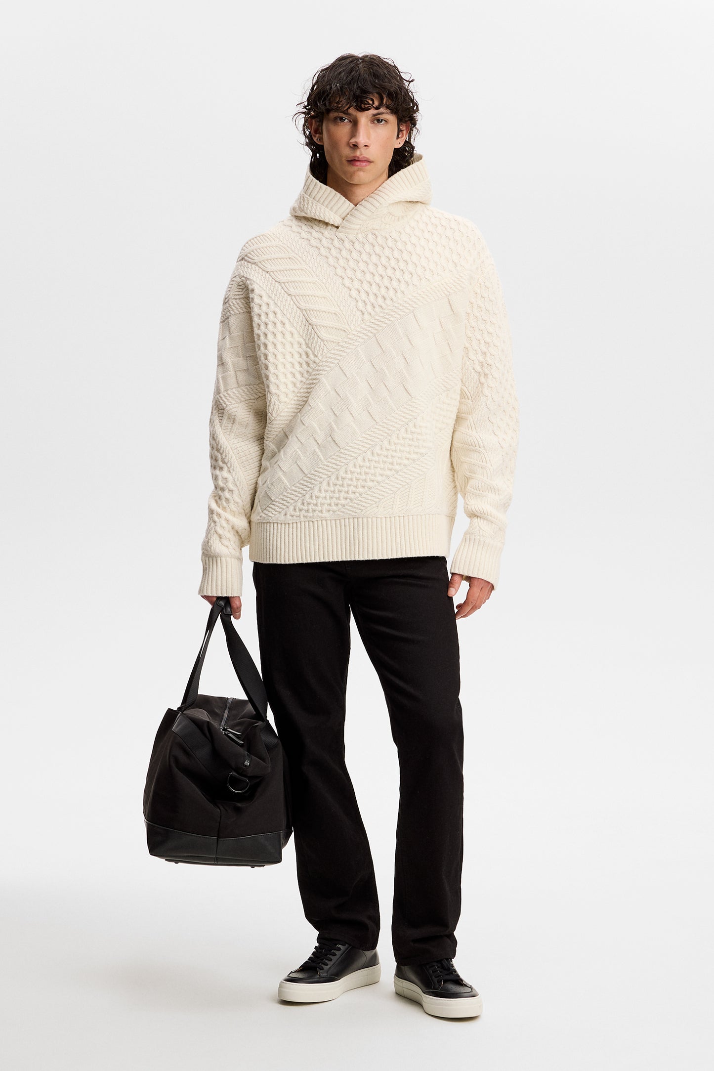 Savio Cable Knit Hoodie in Tofu by J.Lindeberg