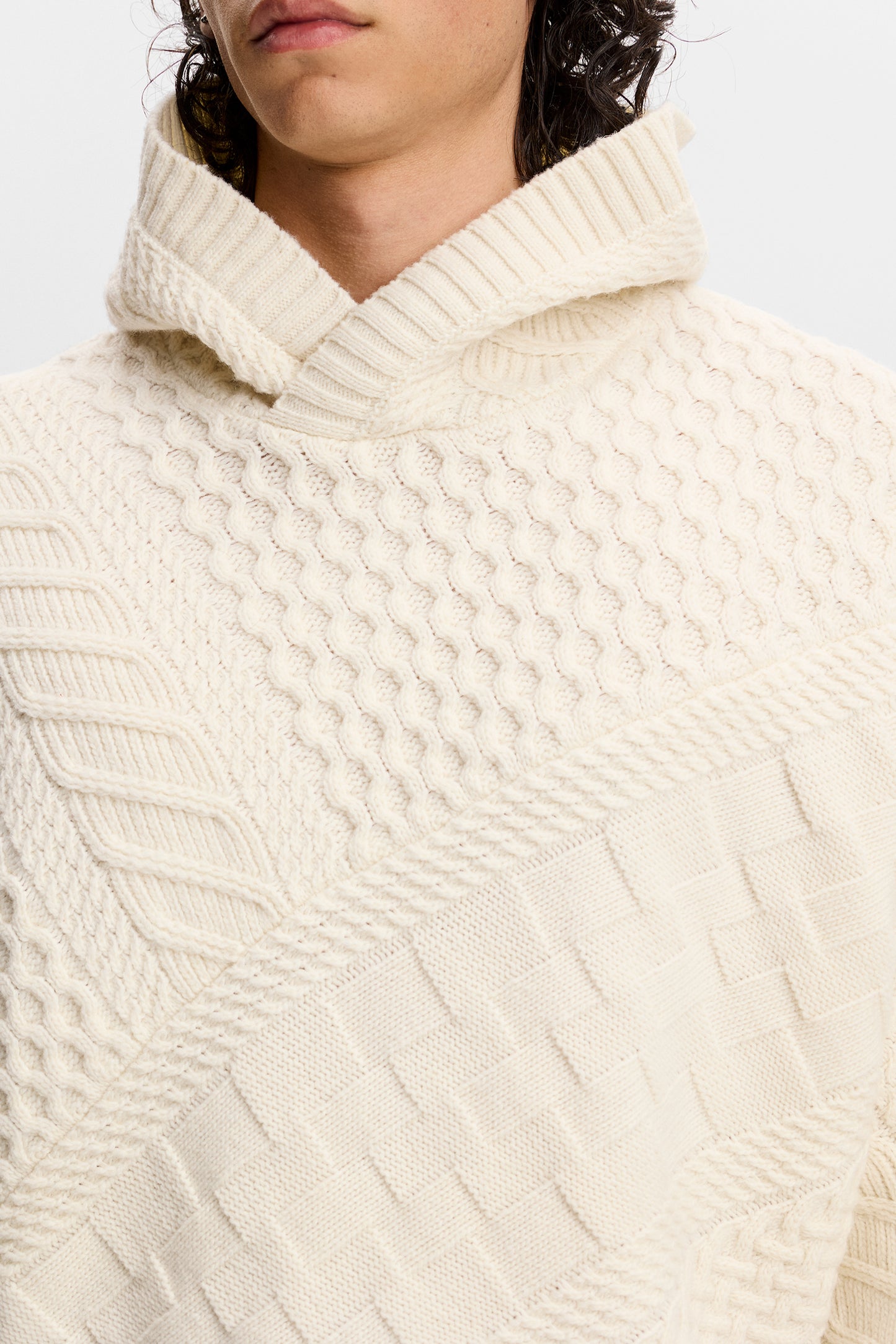 Savio Cable Knit Hoodie in Tofu by J.Lindeberg