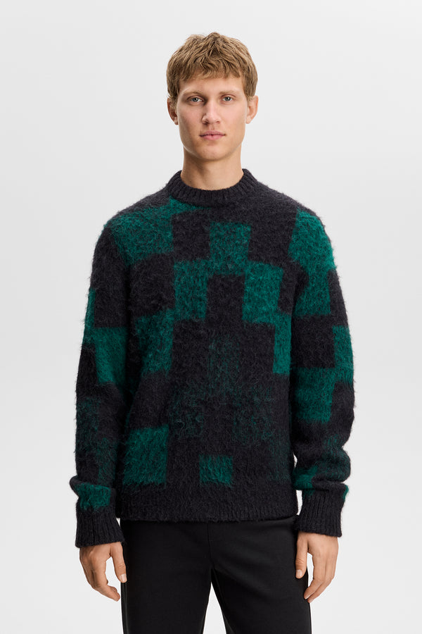 Hank Hairy Graphic Knit Crew / Pixel Stacked Forest Biome