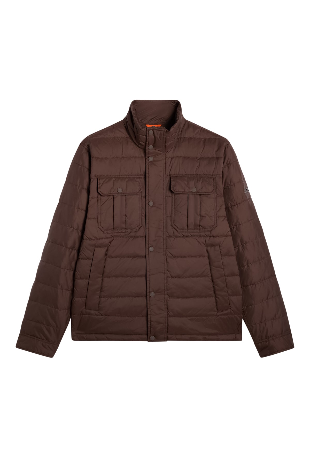 Bailey Light Padded Jacket in Seal Brown, front view with quilted channels, stand collar, and flap chest pockets.