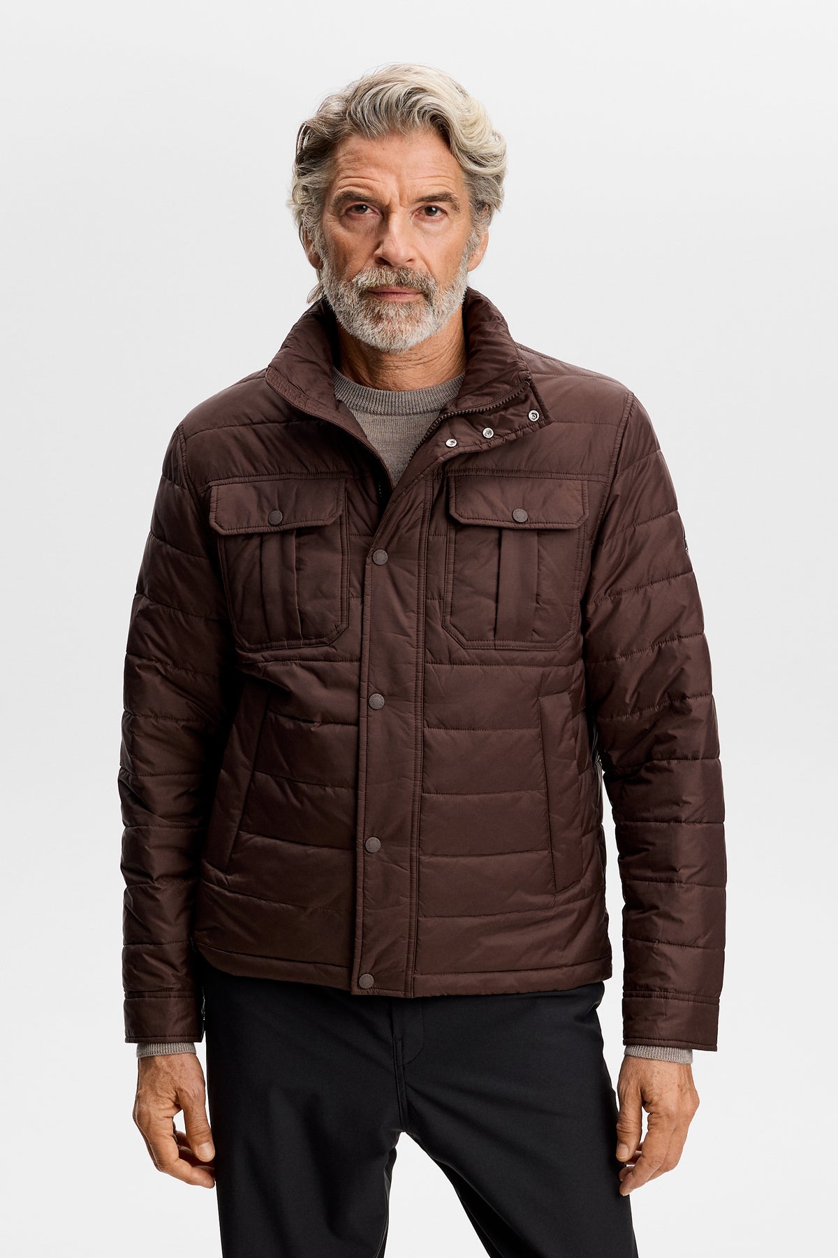 Front view: Bailey Light Padded Jacket in Seal Brown with quilted channels and chest flap pockets.