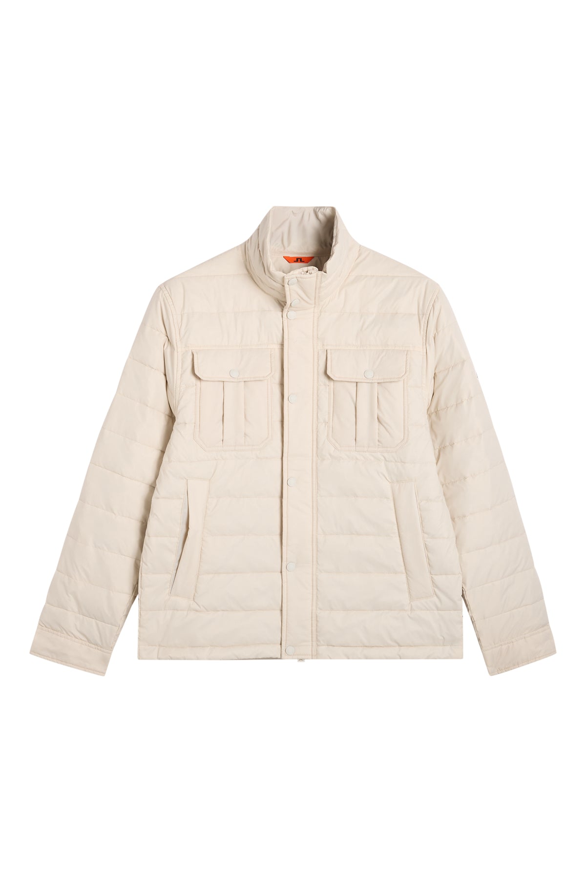 Front view of the Bailey Light Padded Jacket in Moonbeam featuring chest pockets and quilted panels.