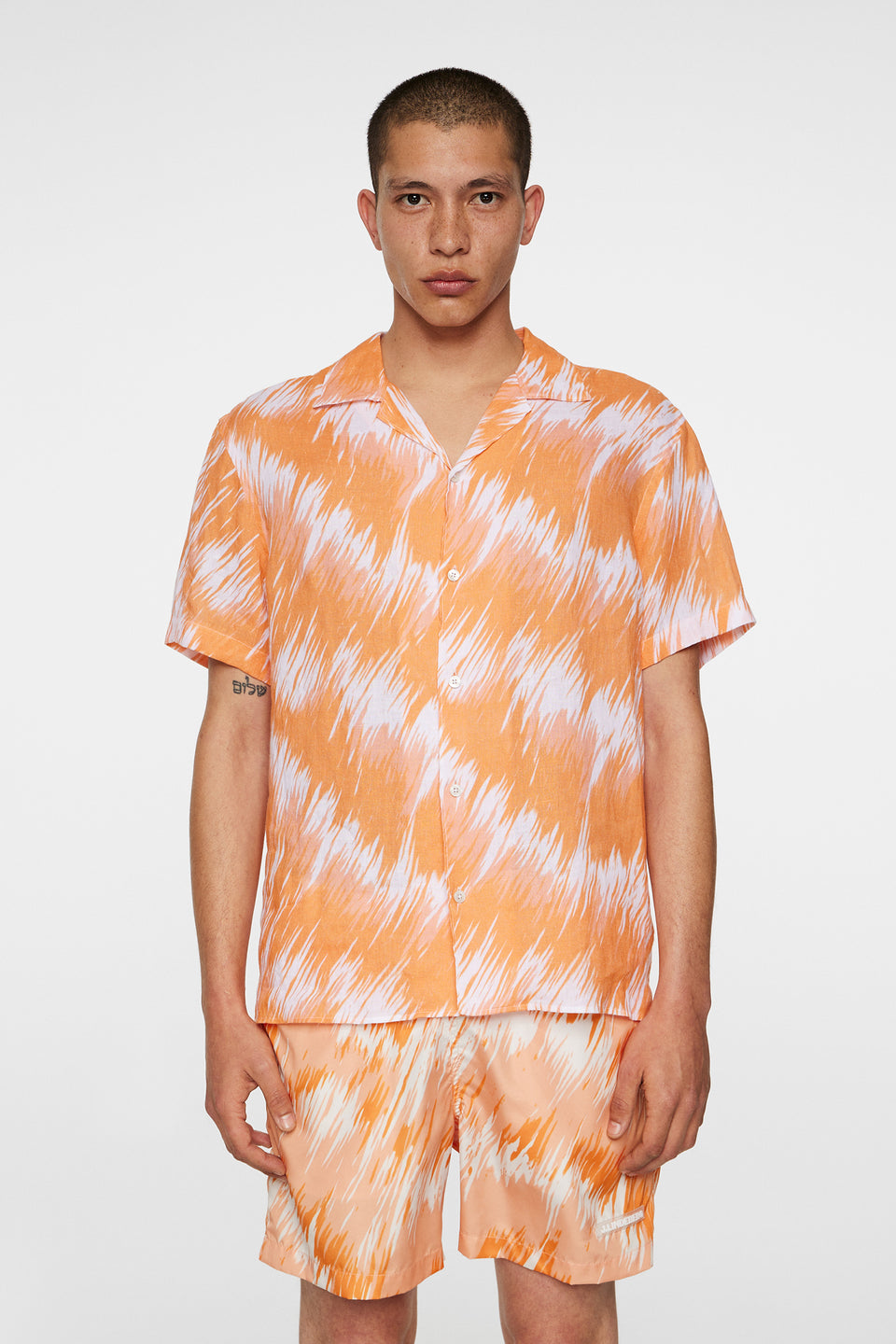 Elio Linen Printed Shirt / Thunderstorm Orange M
