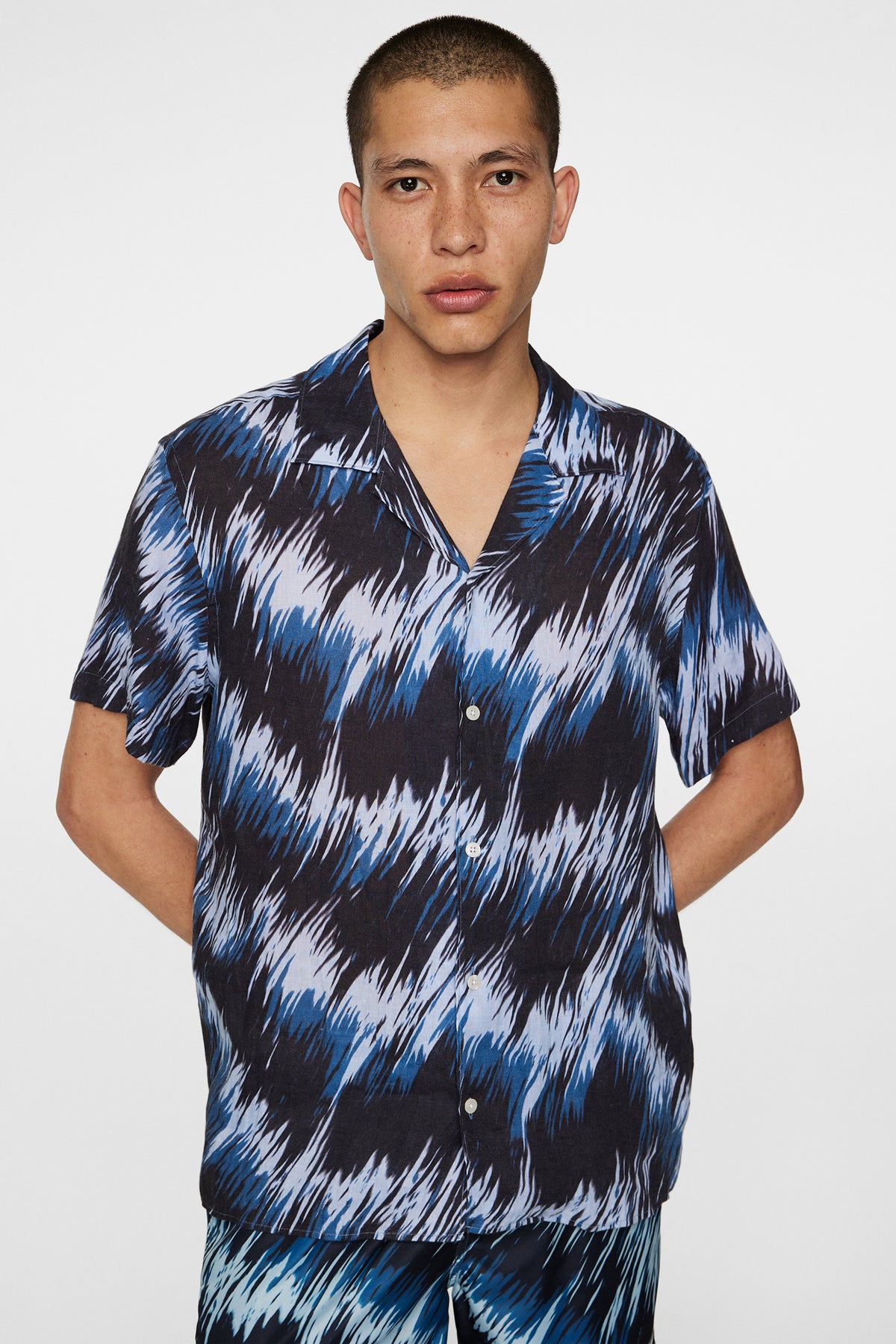 Elio Linen Printed Shirt in Thunderstorm Navy M by J.Lindeberg