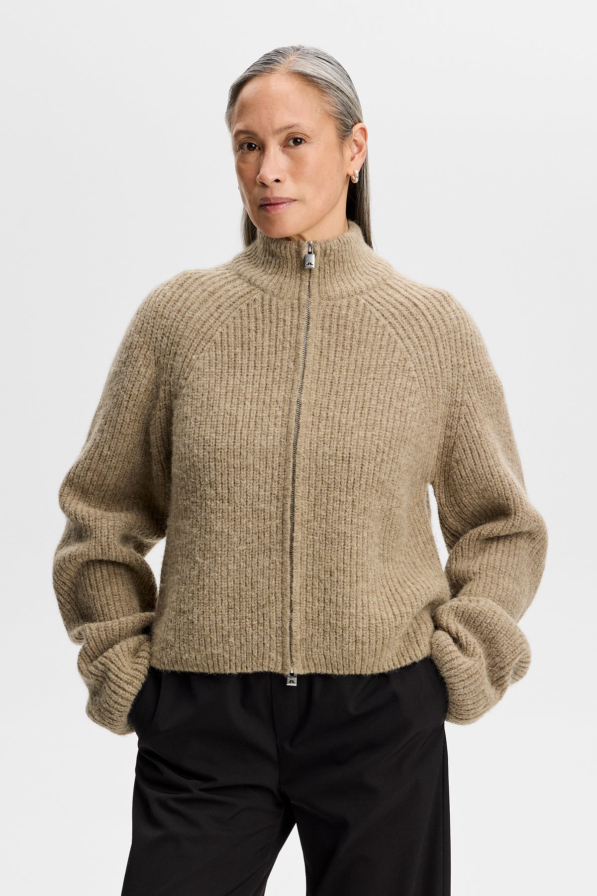 Whitney Rib Knit Full Zip in Brindle by J.Lindeberg