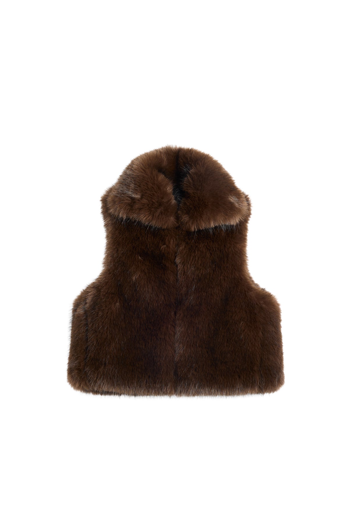 Daria Faux Fur Ball Vest in Seal Brown, front view showing the faux fur texture and high collar.