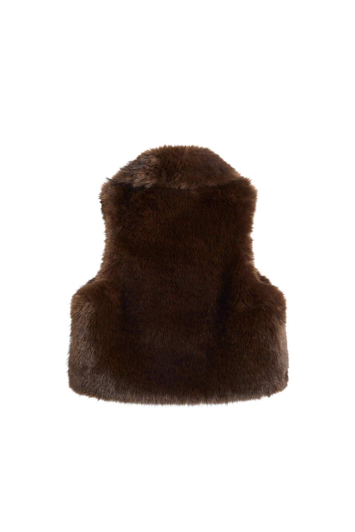 Back view of the Daria Faux Fur Ball Vest in Seal Brown, showing the plush faux fur finish.