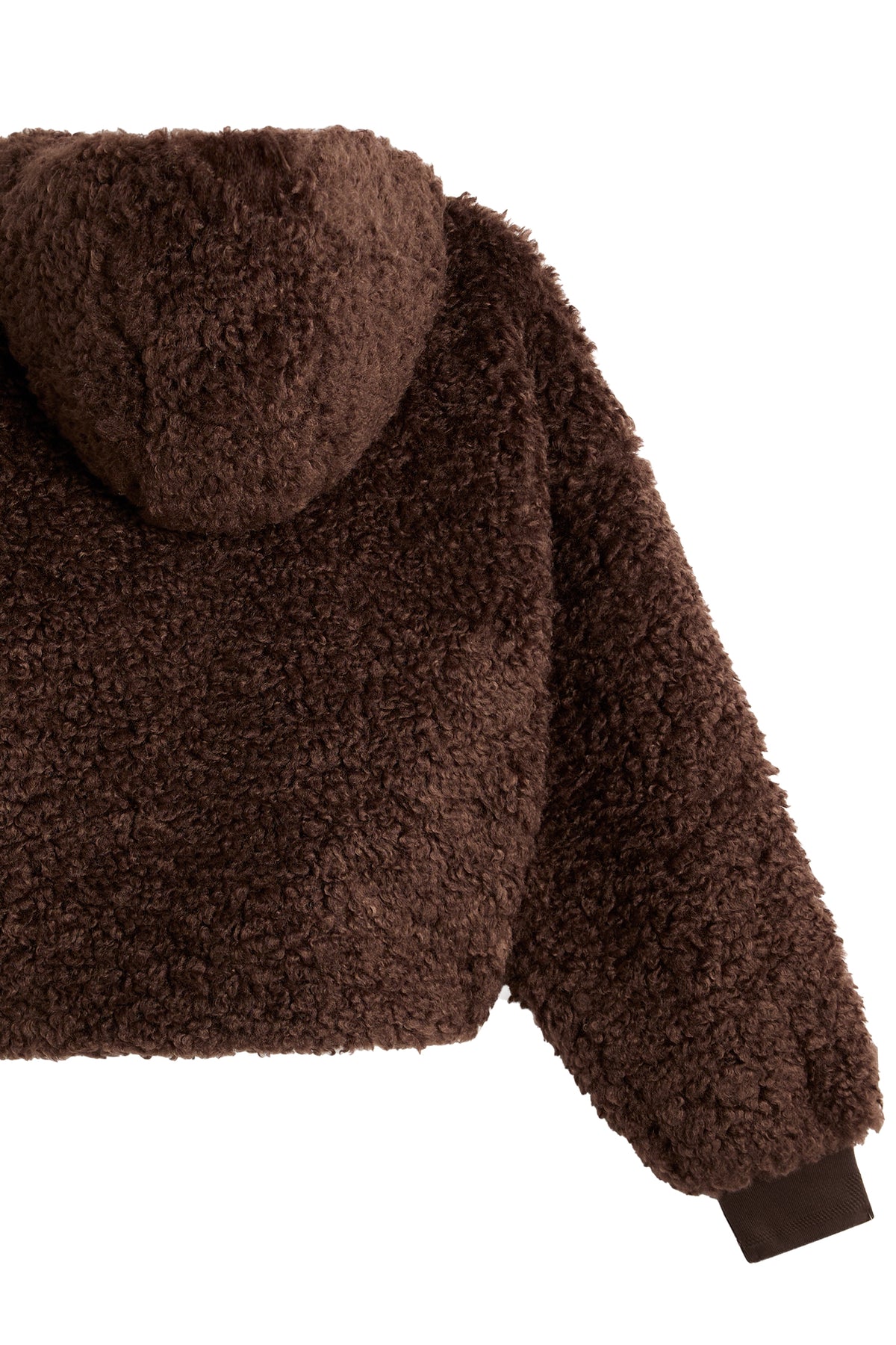 Close-up back view: Elina Pile Jacket in Seal Brown, showing the textured pile fabric, hood, and ribbed cuff.