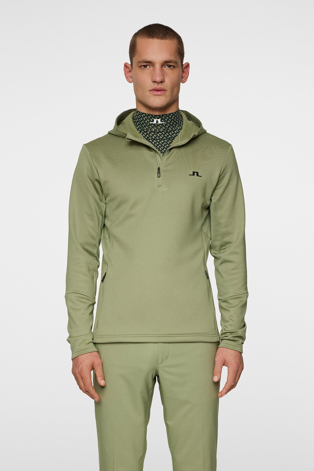 Aerial Quarter Zip Hood in Oil Green by J.Lindeberg