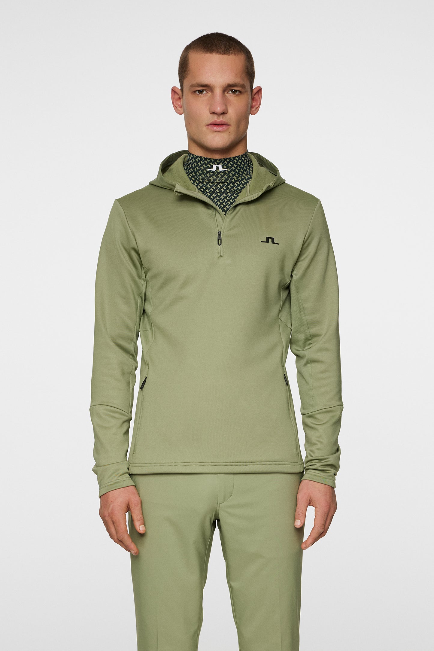 Aerial Quarter Zip Hood in Oil Green by J.Lindeberg