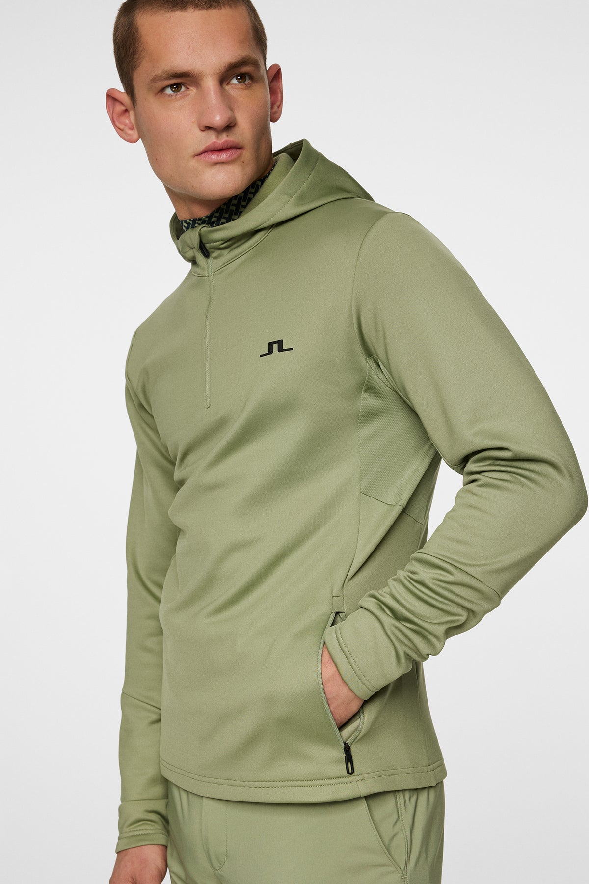 Aerial Quarter Zip Hood in Oil Green by J.Lindeberg