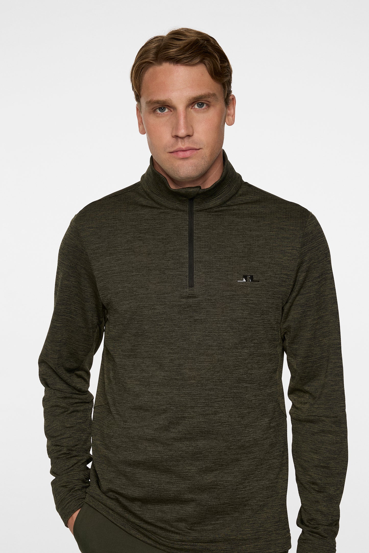 Destry Quarter Zip Mid Layer in Black and Forest Green Melange by J.Lindeberg