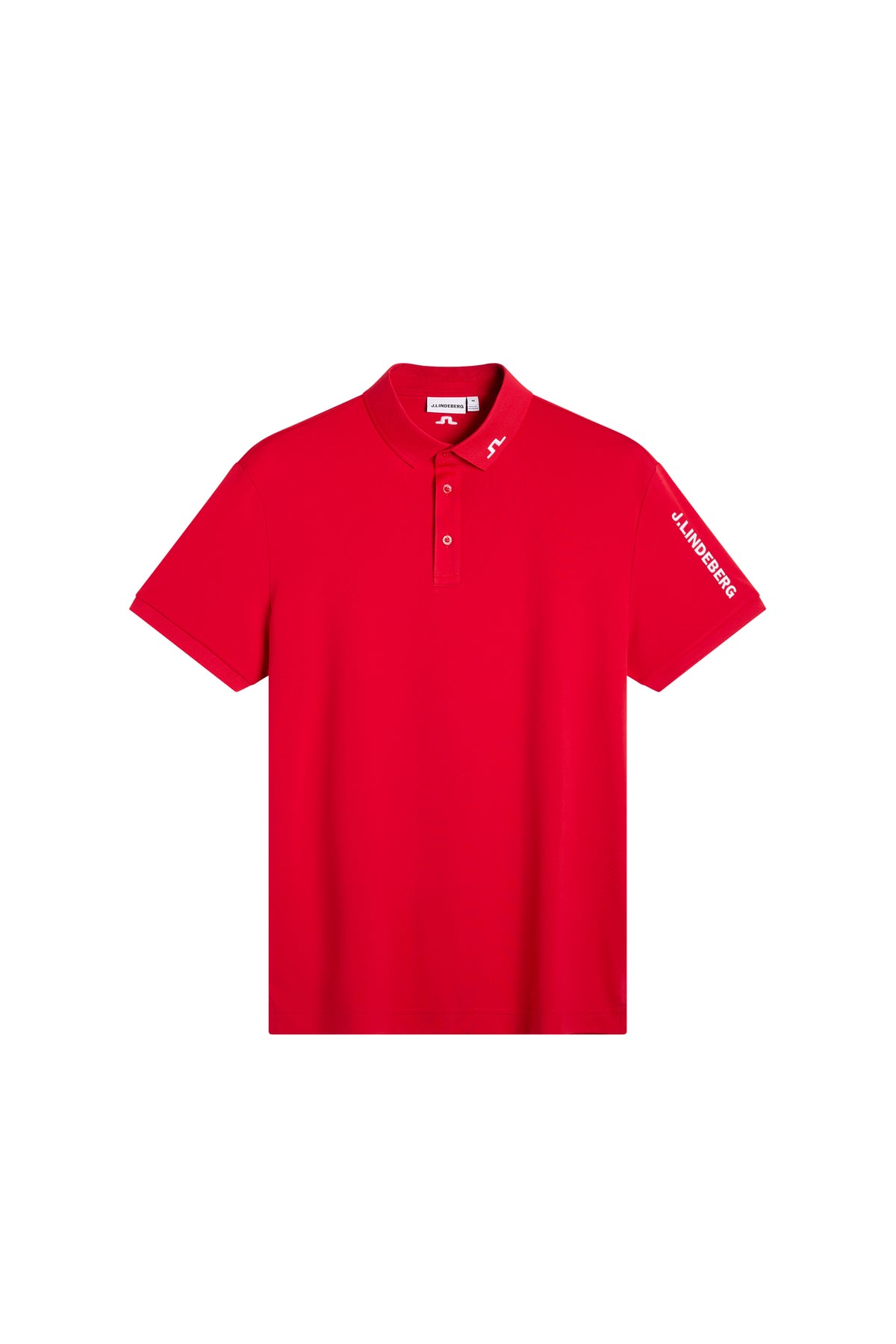 Front view: Tour Tech Polo in Barbados Cherry with short sleeves, polo collar, and three-button placket.