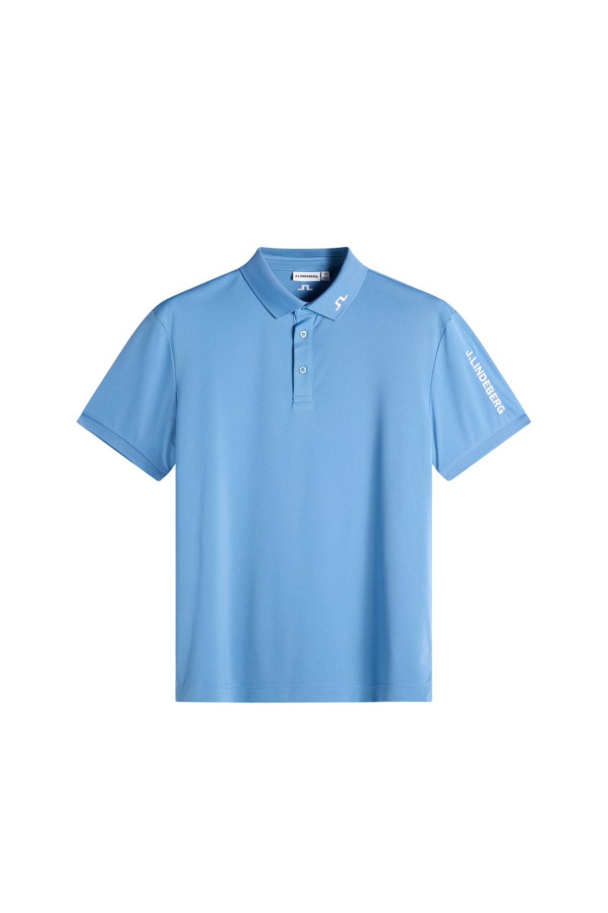 Front view: Riviera blue Tour Tech Polo with a three-button placket and Bridge logo on the collar.