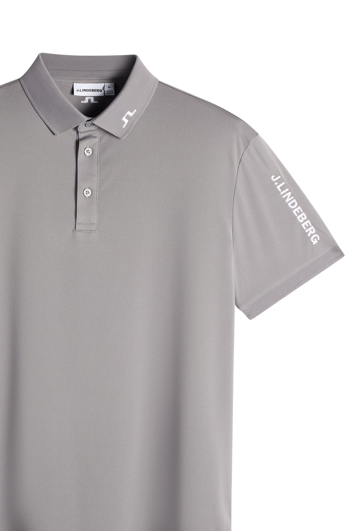 Close-up of the Tour Tech Polo in gray, showing the embroidered Bridge logo on the collar and sleeve branding.