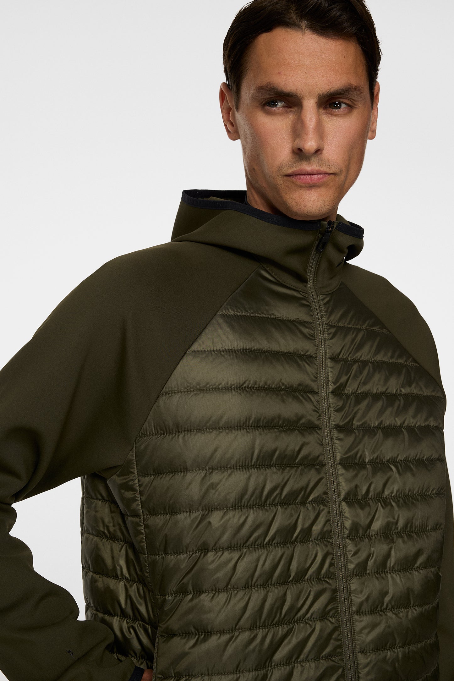 Hayden Quilt Hybrid Hood in Forest Green by J.Lindeberg