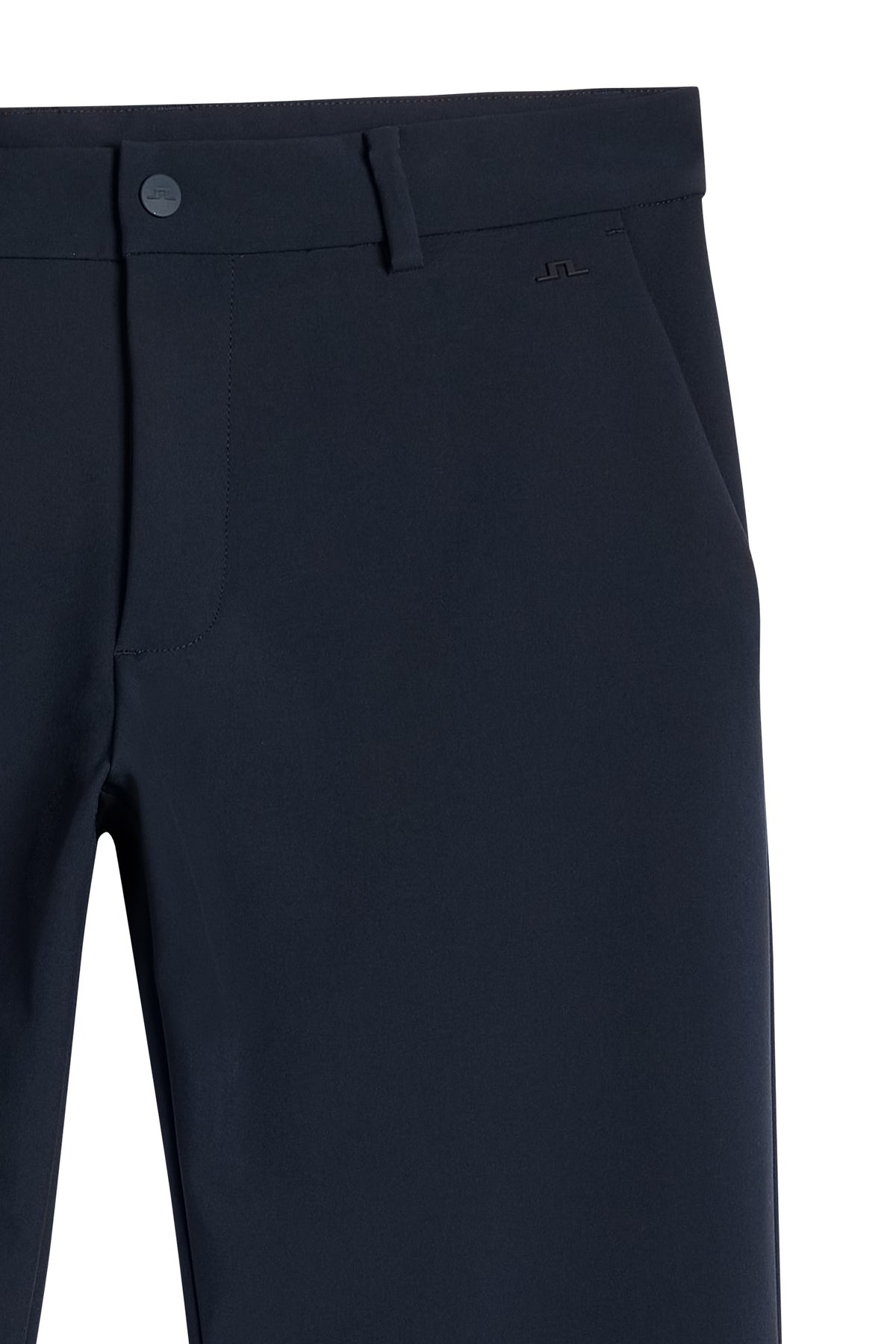 Close-up of the waistband, side pocket, and Bridge logo detail on the Mitch Bonded Players Pant in JL Navy.