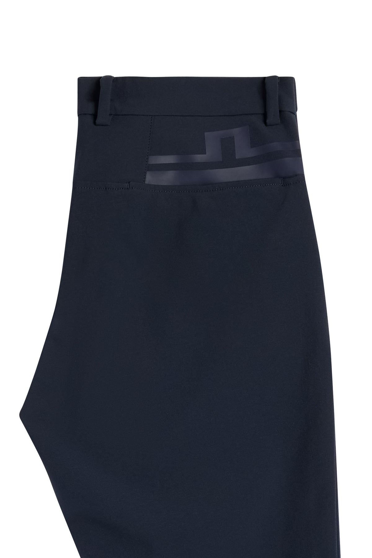 Close-up view: Mitch Bonded Players Pant in JL Navy showing the back pocket and Bridge logo.