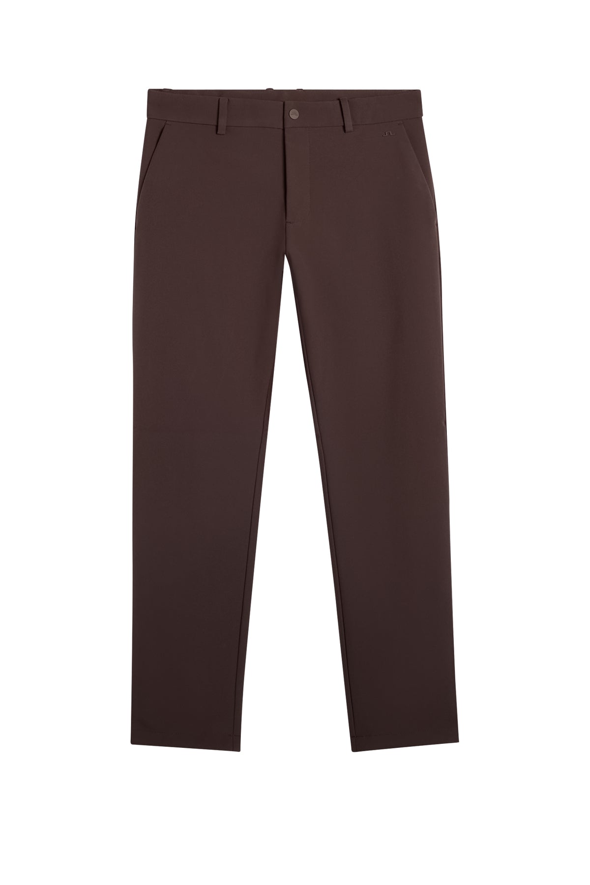 Front view: Mitch Bonded Players Pant in Seal Brown with belt loops and side pockets.
