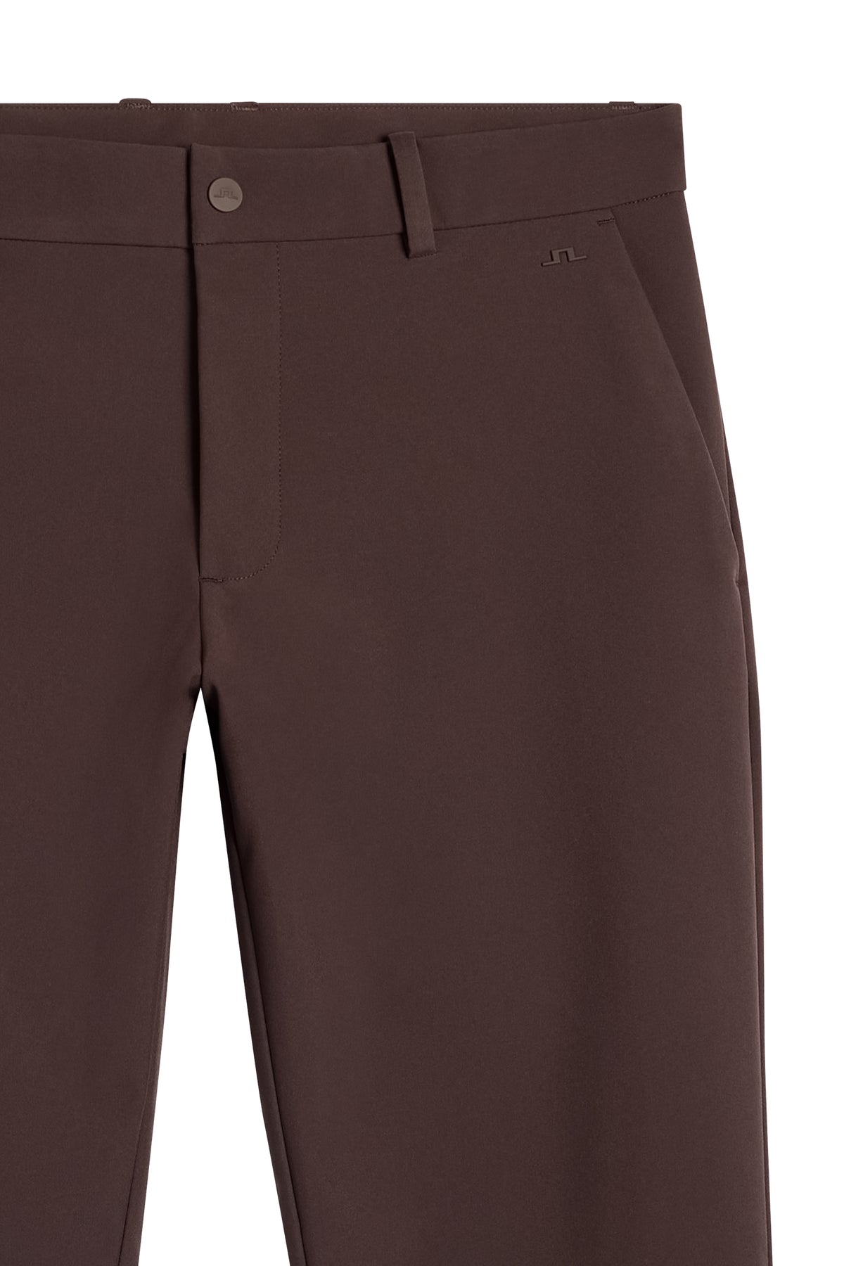 Close-up of the Mitch Bonded Players Pant in Seal Brown showing the waistband, button closure, and side pocket.