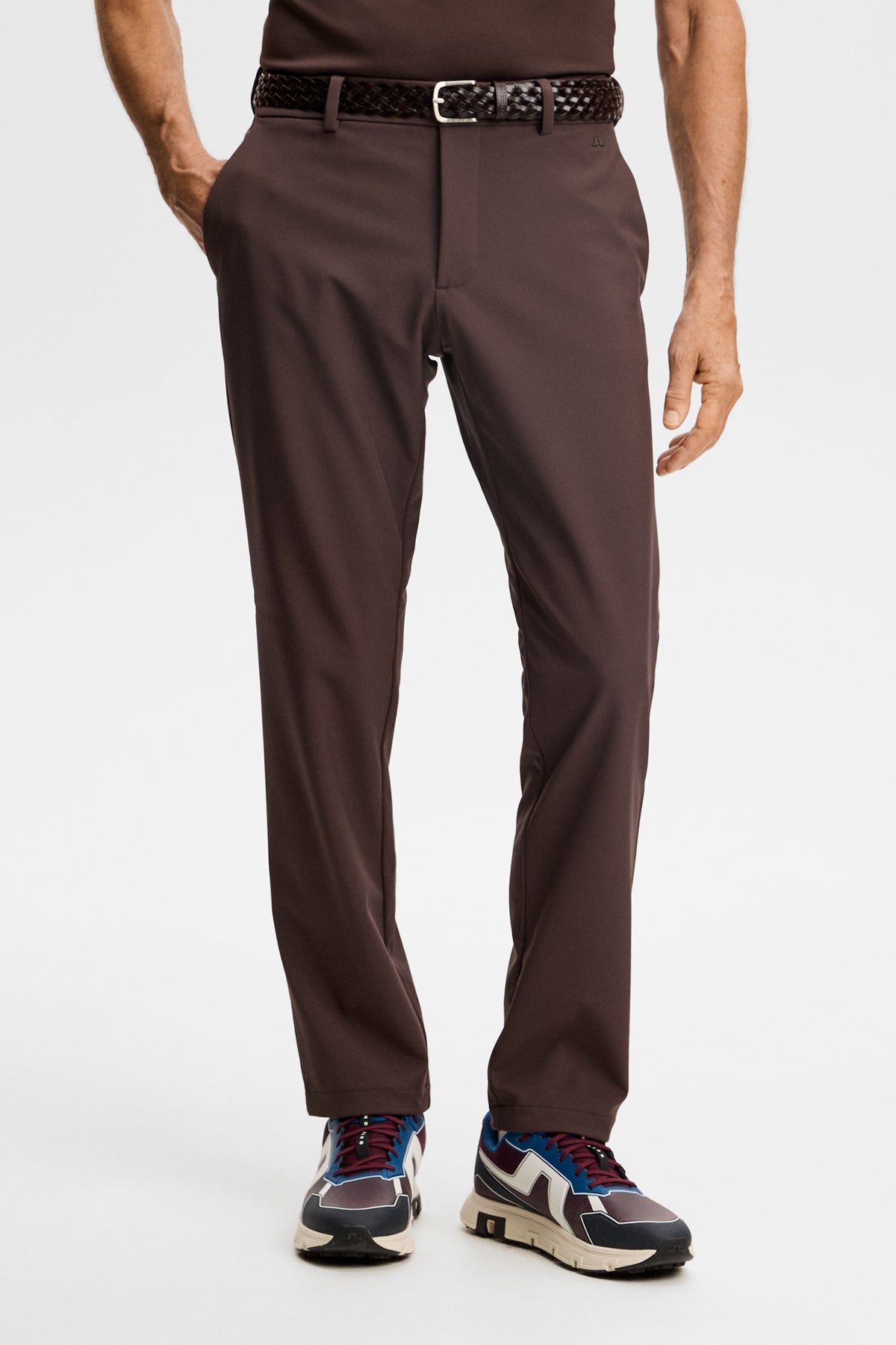 Mitch Bonded Players Pant in Seal Brown, front view showing the waistband and straight-leg fit.