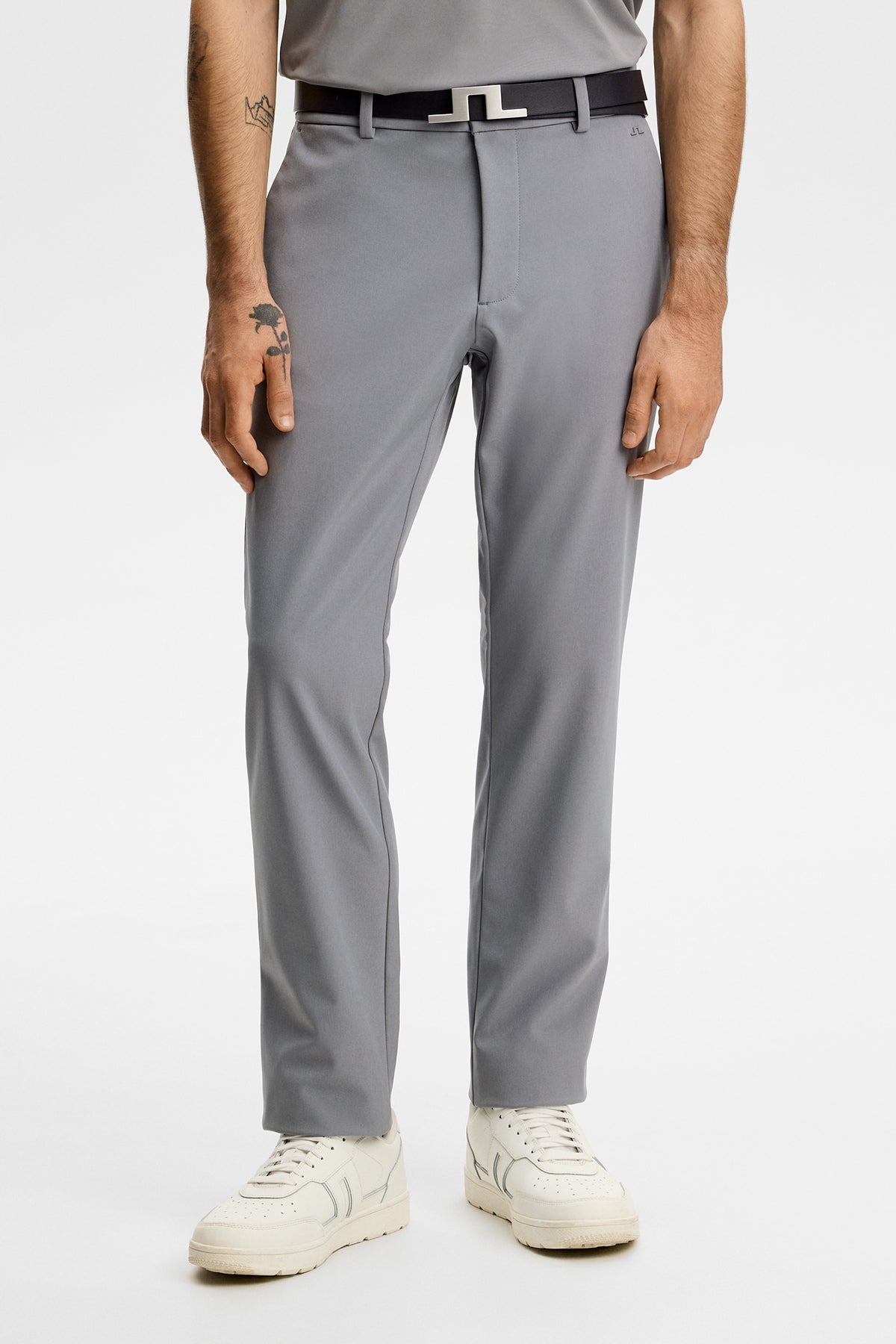 Front view: Mitch Bonded Players Pant in gray, featuring a straight leg, belt loops, and side pockets.