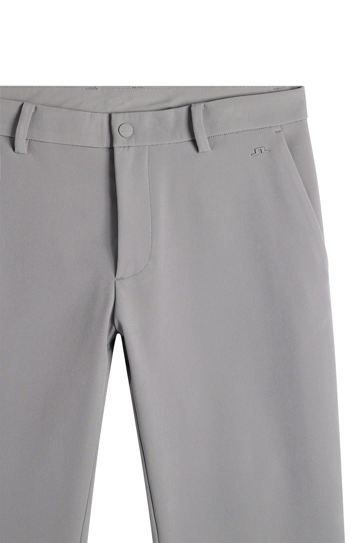 Close-up of the Mitch Bonded Players Pant in gray, showing the waistband, side pocket, and Bridge rivet.