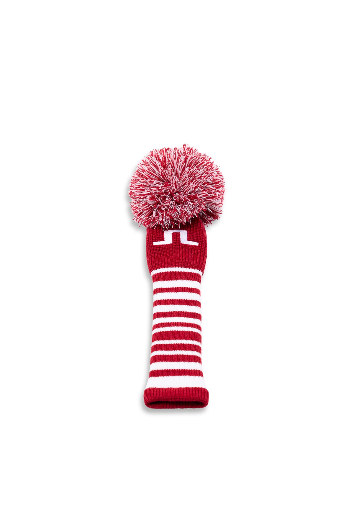Front view: JL Knitted Driver Cover in Barbados Cherry with striped knit, pompom, and Bridge logo.