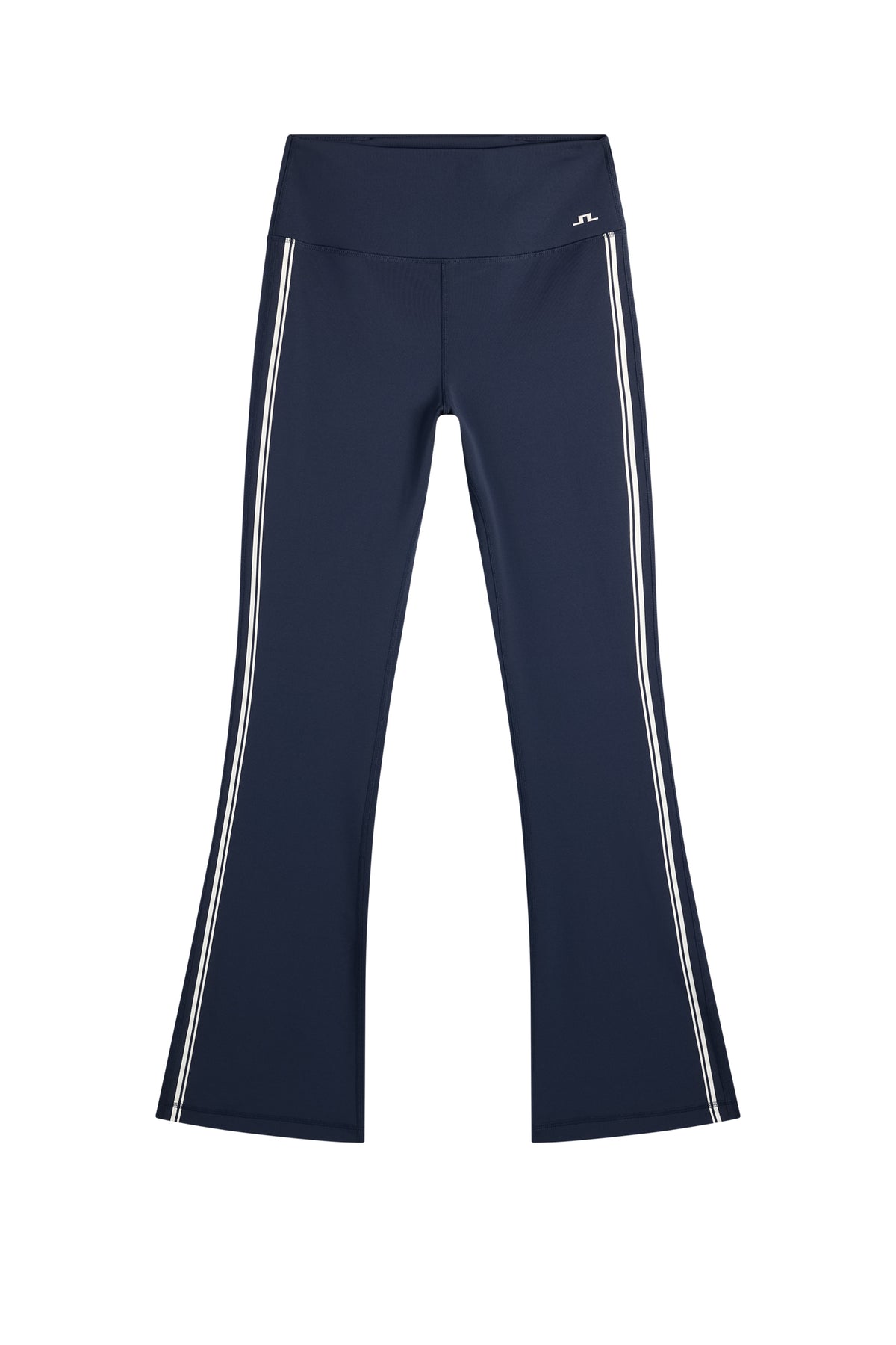 Zienna Flared Leggings in JL Navy, front view with flared legs, contrast side stripes, and Bridge logo.