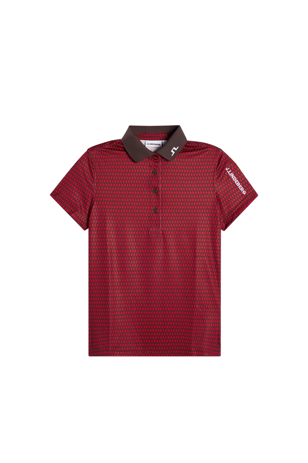 Front view: Tour Tech Print Polo in red geometric print with contrast collar, Bridge logo, and button placket.