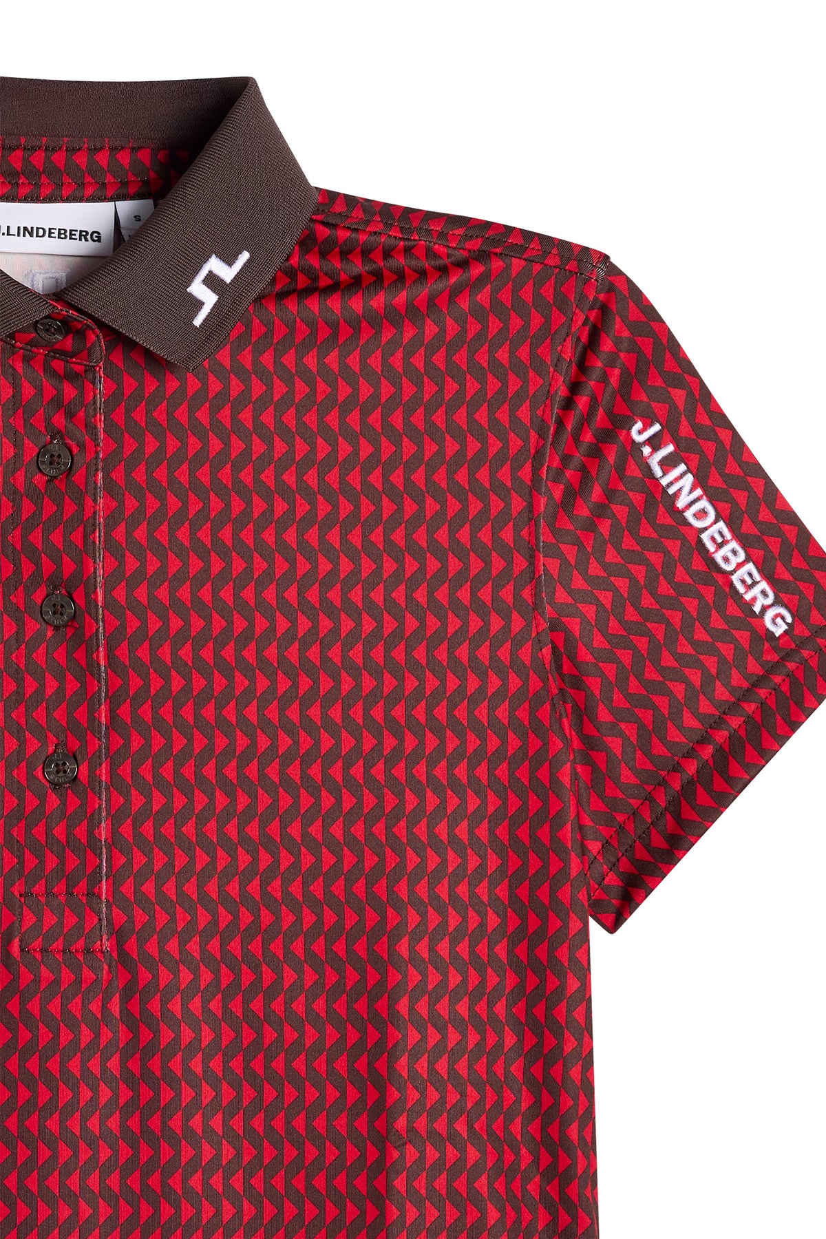 Close-up of the Tour Tech Print Polo in Diamond Seal Red, showing the collar Bridge logo and embroidered sleeve text.