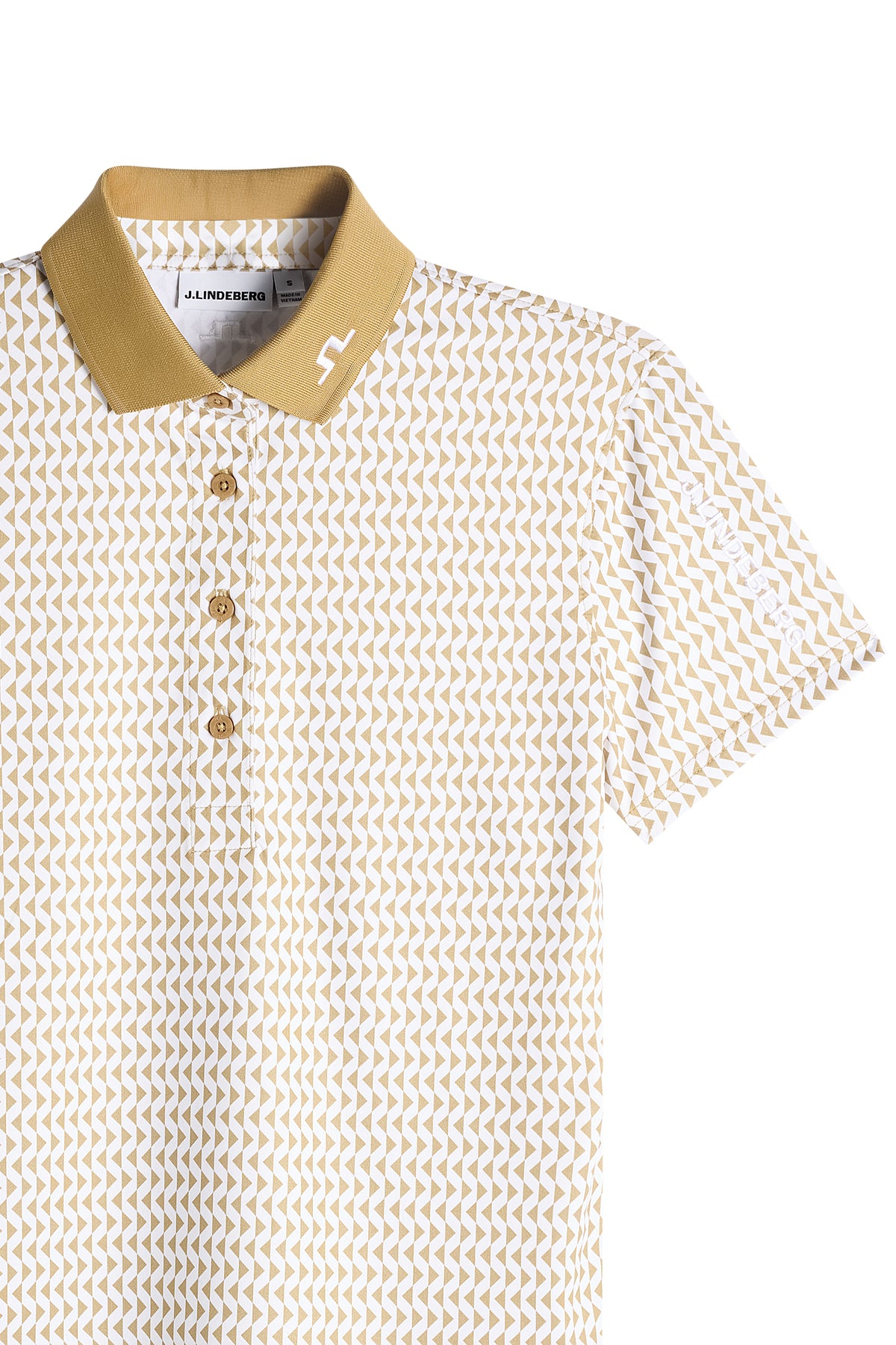 Close-up view: Tour Tech Print Polo in Diamond Kelp White with ribbed collar, embroidered Bridge logo, and placket.