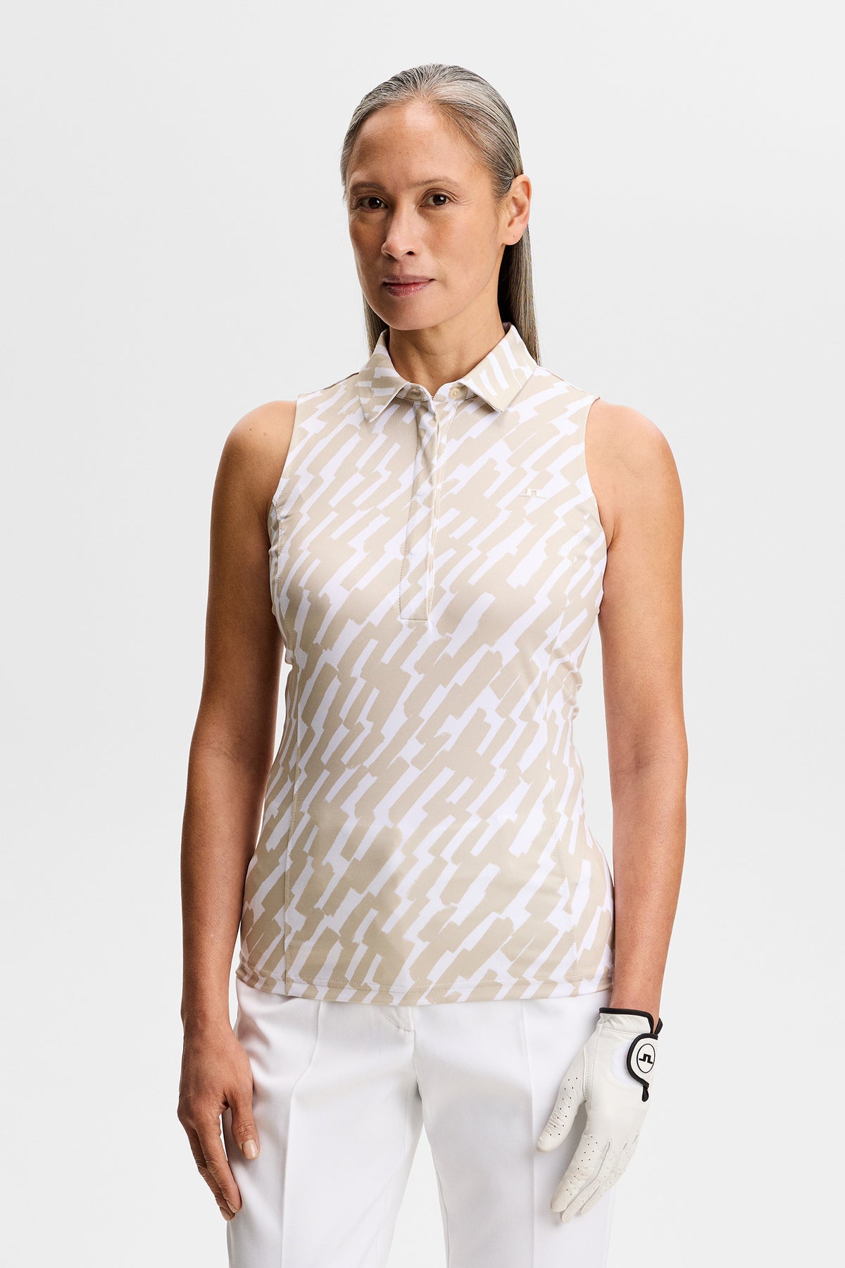 Dena Print Sleeveless Polo in Oak Island Fossil M by J.Lindeberg