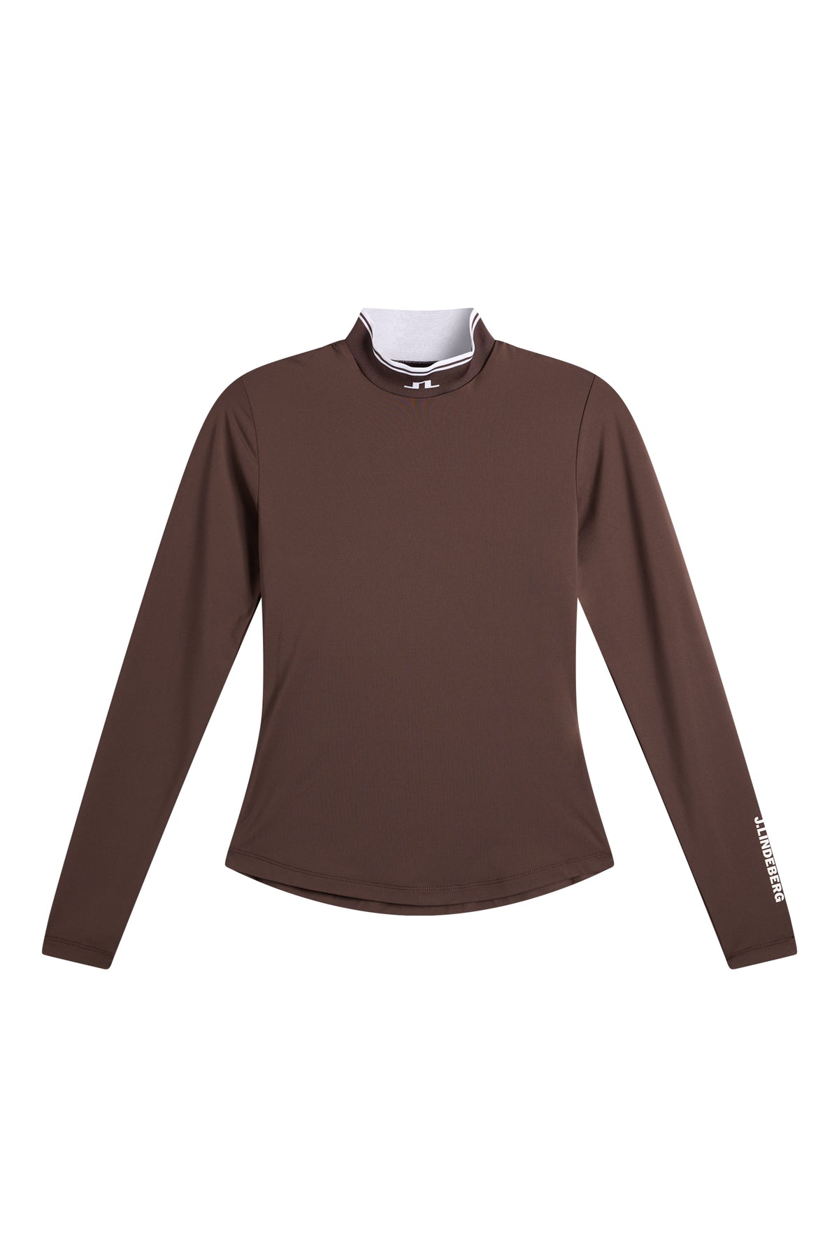 Louisa Compression Top in Seal Brown, front view featuring a high neck with Bridge logo and long sleeves.